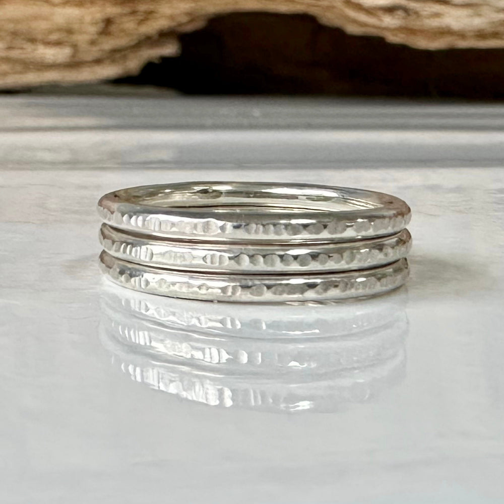 Set of three Shiny 1.8mm 925 Sterling Silver Stacking Rings, Ripple Hammered Effect Minimalist Ring Band, Handmade Stacking Ring