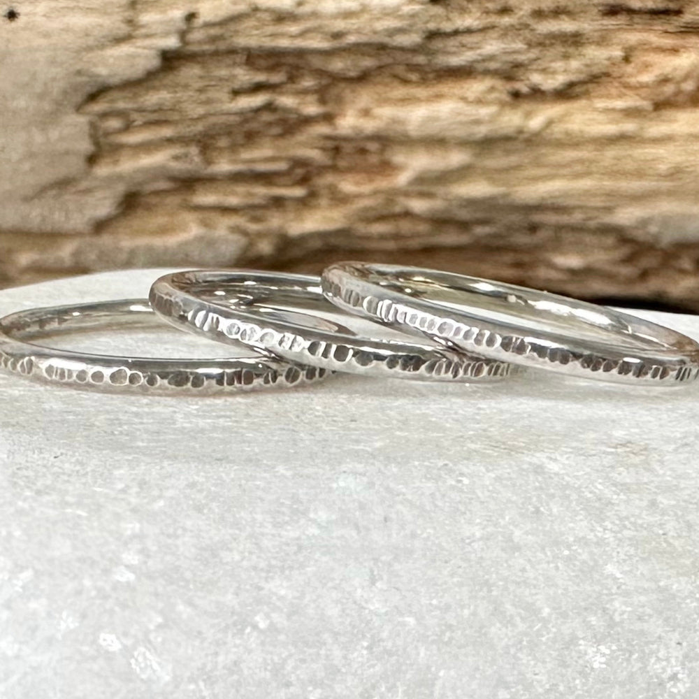 
                  
                    Set of three Oxodised 1.8mm 925 Sterling Silver Stacking Rings, Ripple Hammered Effect Minimalist Ring Band, Handmade Rustic Stacking Ring
                  
                