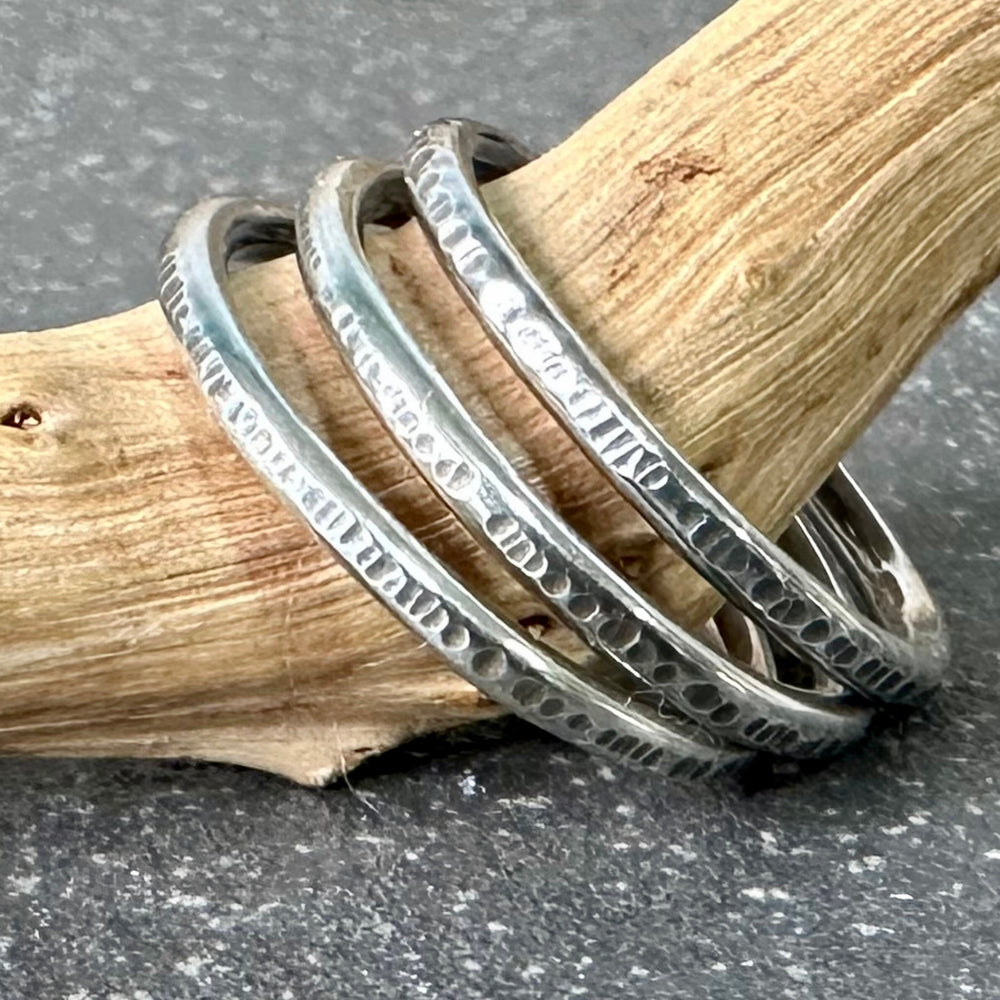 Set of three Oxodised 1.8mm 925 Sterling Silver Stacking Rings, Ripple Hammered Effect Minimalist Ring Band, Handmade Rustic Stacking Ring