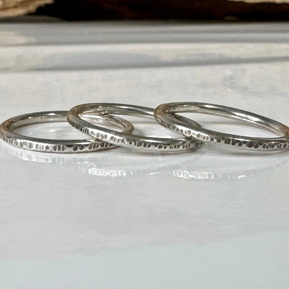 
                  
                    Set of three Oxodised 1.8mm 925 Sterling Silver Stacking Rings, Ripple Hammered Effect Minimalist Ring Band, Handmade Rustic Stacking Ring
                  
                