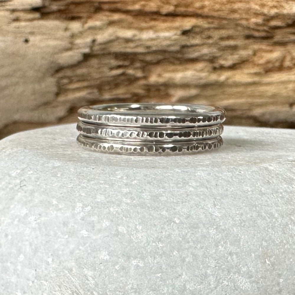 
                  
                    Set of three Oxodised 1.8mm 925 Sterling Silver Stacking Rings, Ripple Hammered Effect Minimalist Ring Band, Handmade Rustic Stacking Ring
                  
                