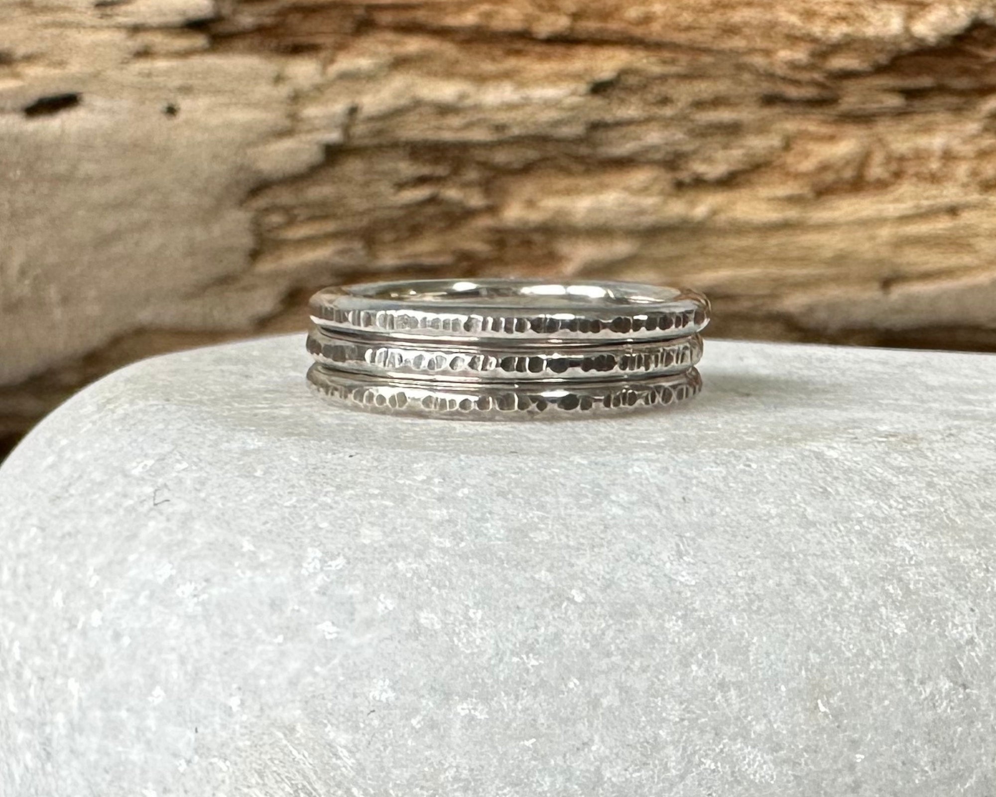 Set of three Oxodised 1.8mm 925 Sterling Silver Stacking Rings, Ripple Hammered Effect Minimalist Ring Band, Handmade Rustic Stacking Ring