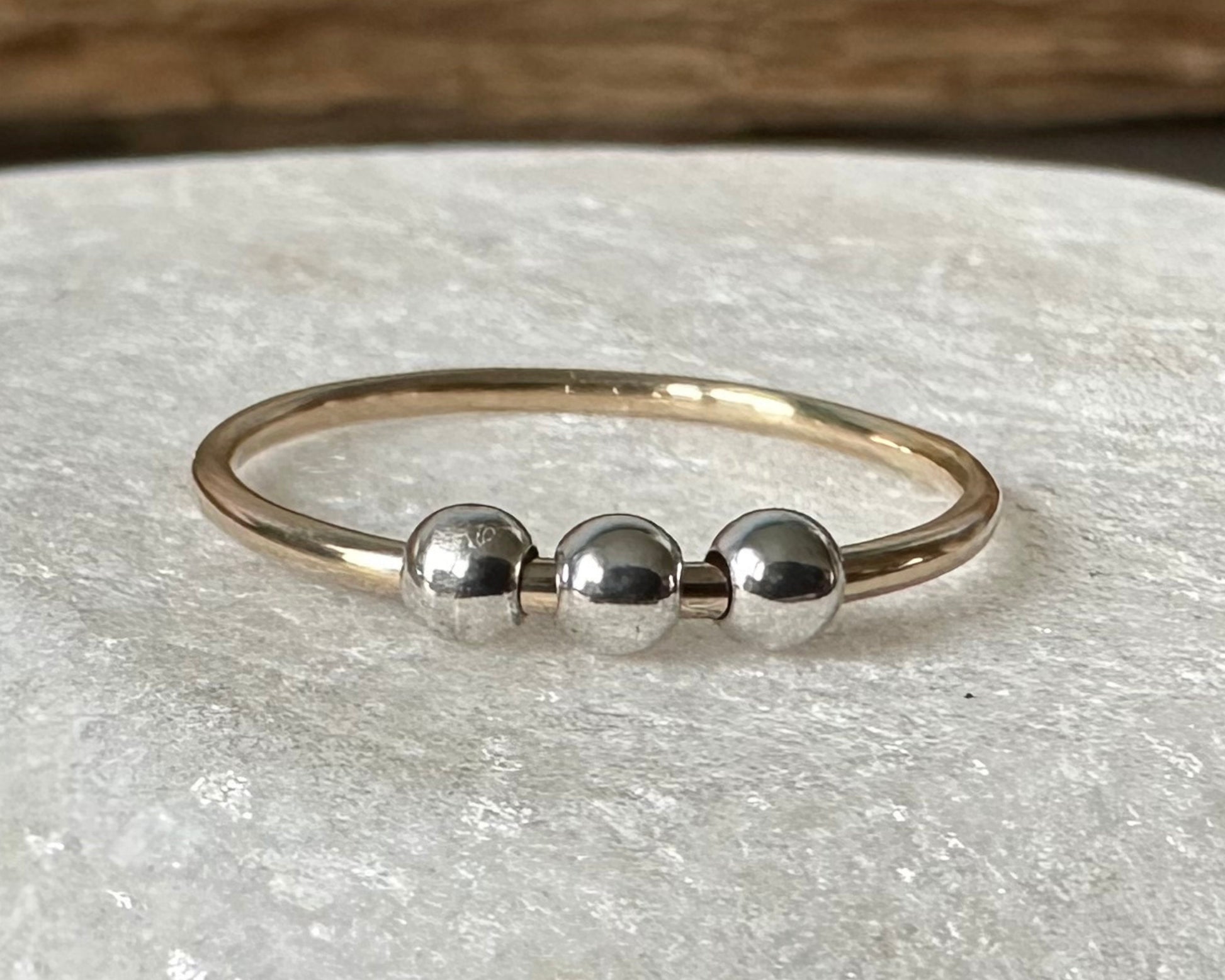 Fidget Ring Handmade from 9ct Gold and Sterling Silver Beads, 1.2mm Gold Stackable Ring Band, Anxiety Ring, Spinner Ring