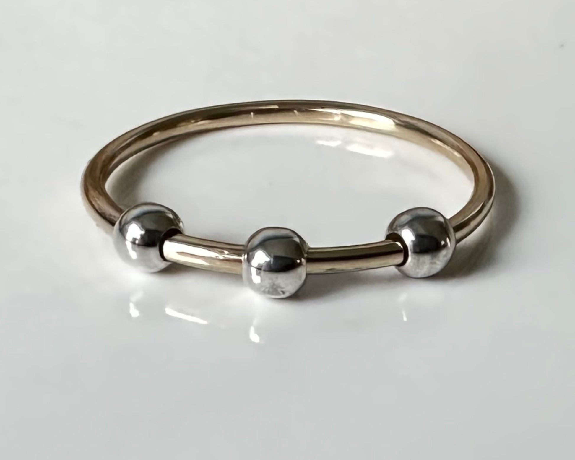 Fidget Ring Handmade from 9ct Gold and Sterling Silver Beads, 1.2mm Gold Stackable Ring Band, Anxiety Ring, Spinner Ring