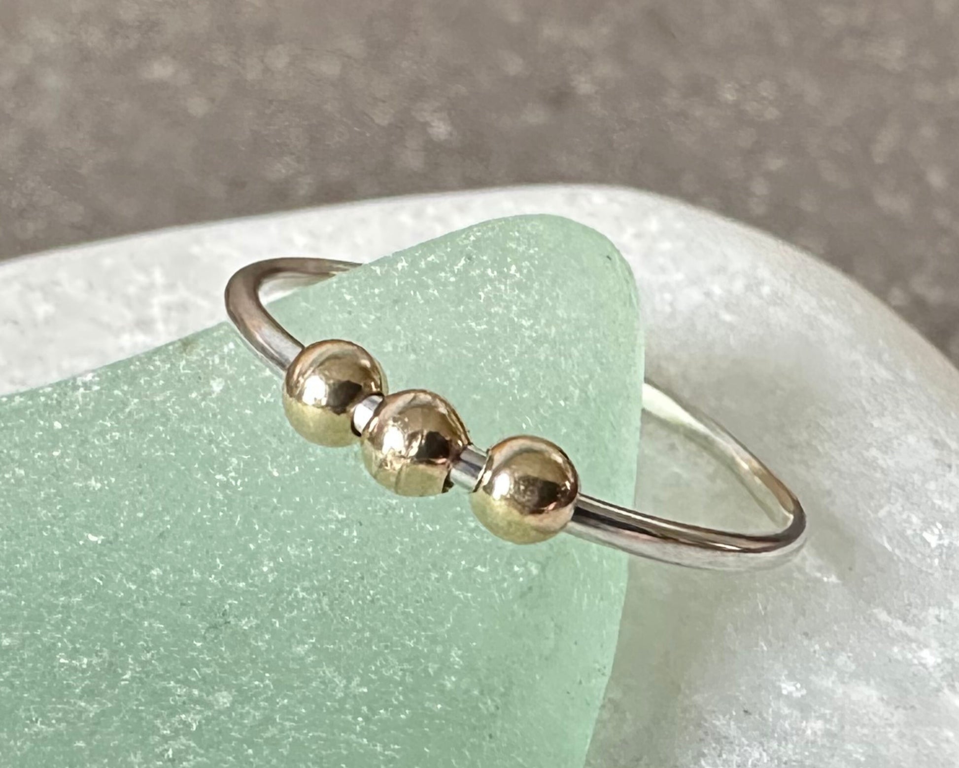 Fidget Ring Handmade from 925 Sterling Silver and 9ct Gold Beads, Gold and Silver Stackable Ring Band, Anxiety Ring, Spinner Ring