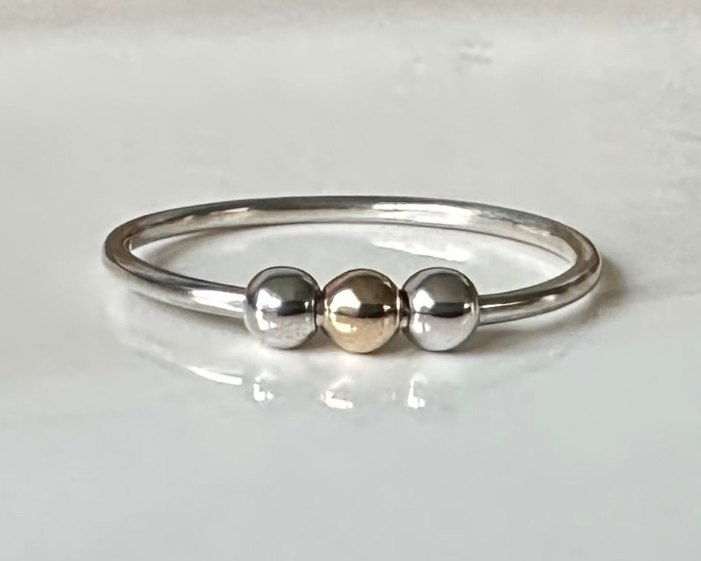 Fidget Ring Handmade from 925 Sterling Silver and 9ct Gold and Silver Beads, Gold and Silver Stackable Ring Band, Anxiety Ring, Spinner Ring