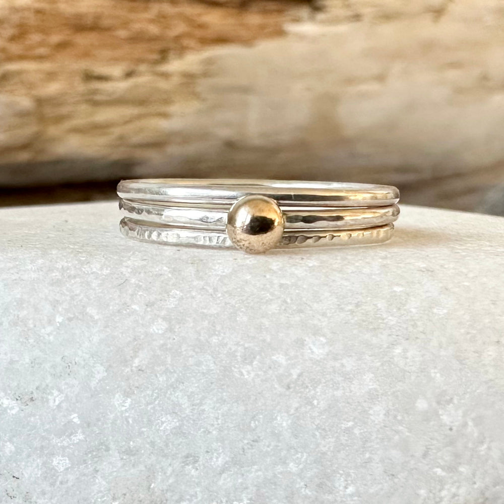 Gold Nugget on 1.2mm 925 sterling Silver Stacking Ring Set, Recycled Gold and Sterling Silver 1.2mm Skinny Minimalist Rings
