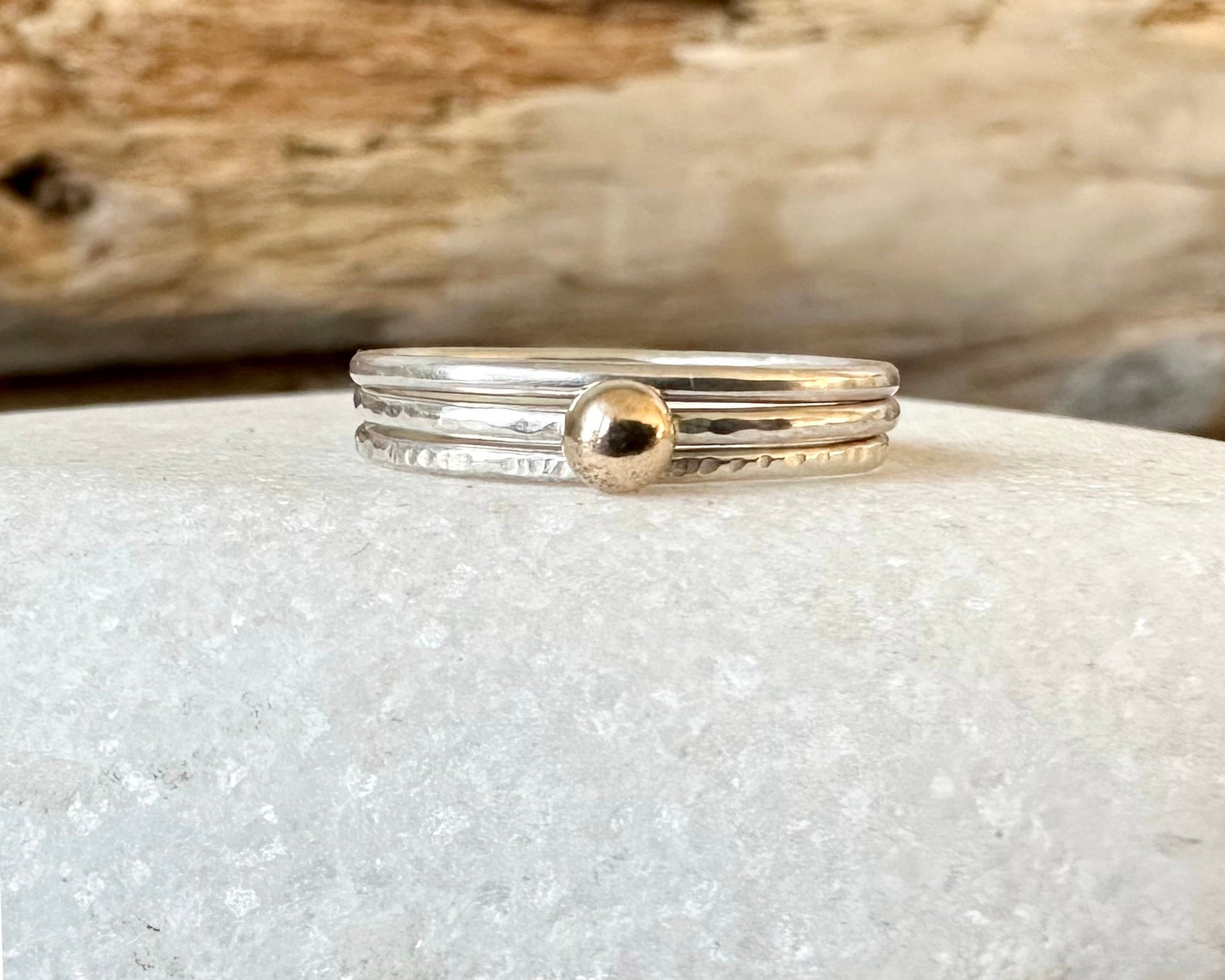 Gold Nugget on 1.2mm 925 sterling Silver Stacking Ring Set, Recycled Gold and Sterling Silver 1.2mm Skinny Minimalist Rings