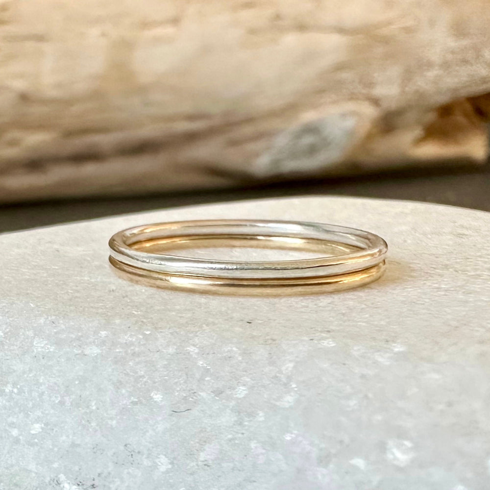 Solid 9ct Gold and 925 Sterling Silver Ring Set, Hallmarked 1.2mm, 1.5mm, 1.8mm Gold and Silver Plain Ring Band Set of Two