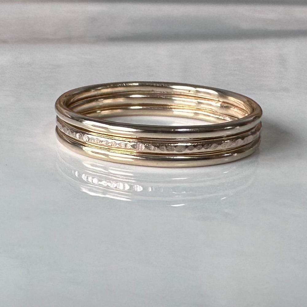 
                  
                    Solid 9ct Gold Stack of Three Stacking Rings, Hallmarked Gold Stacking Ring Set, Two Plain and Shiny and One Ripple Hammered Pattern
                  
                