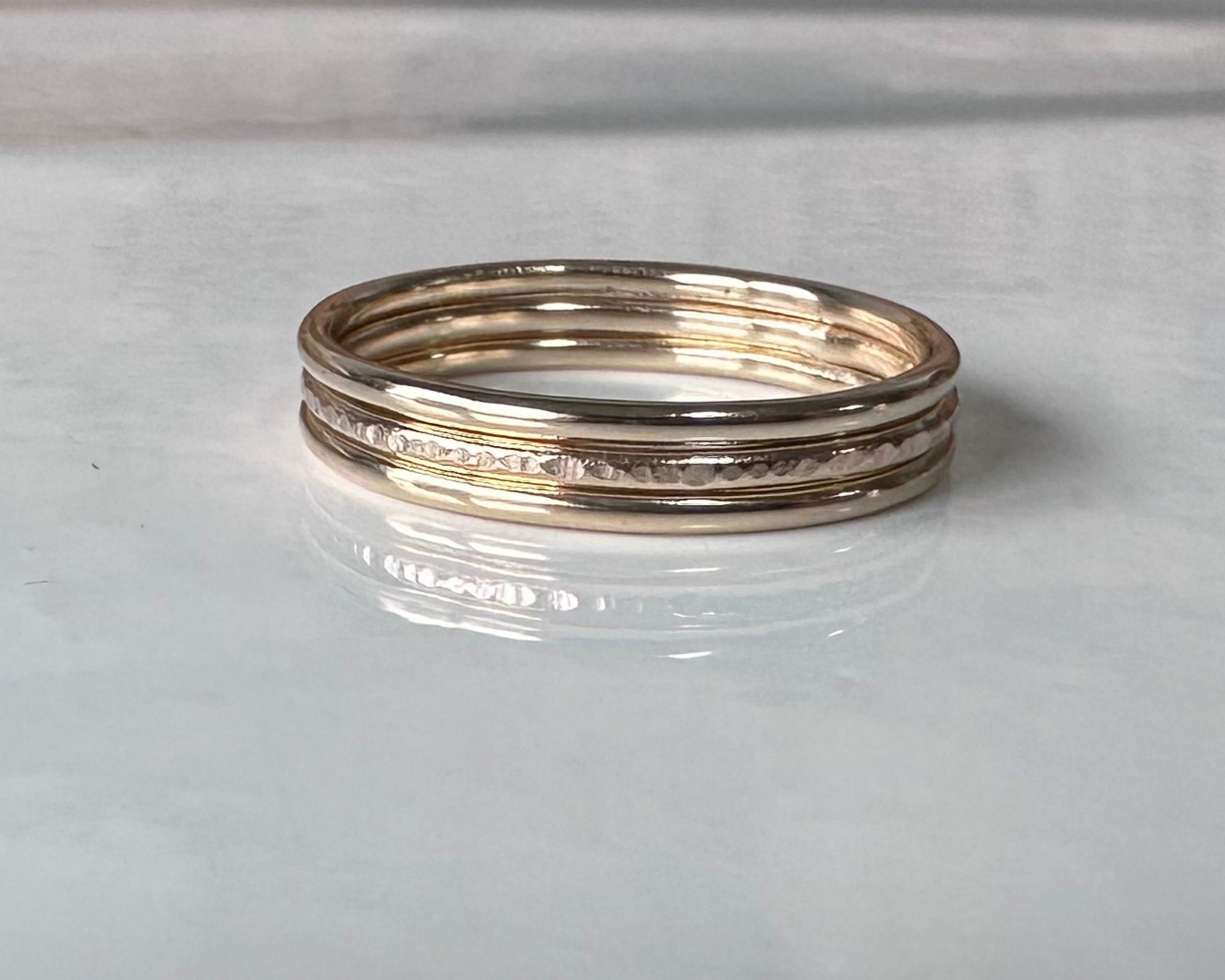 Solid 9ct Gold Stack of Three Stacking Rings, Hallmarked Gold Stacking Ring Set, Two Plain and Shiny and One Ripple Hammered Pattern