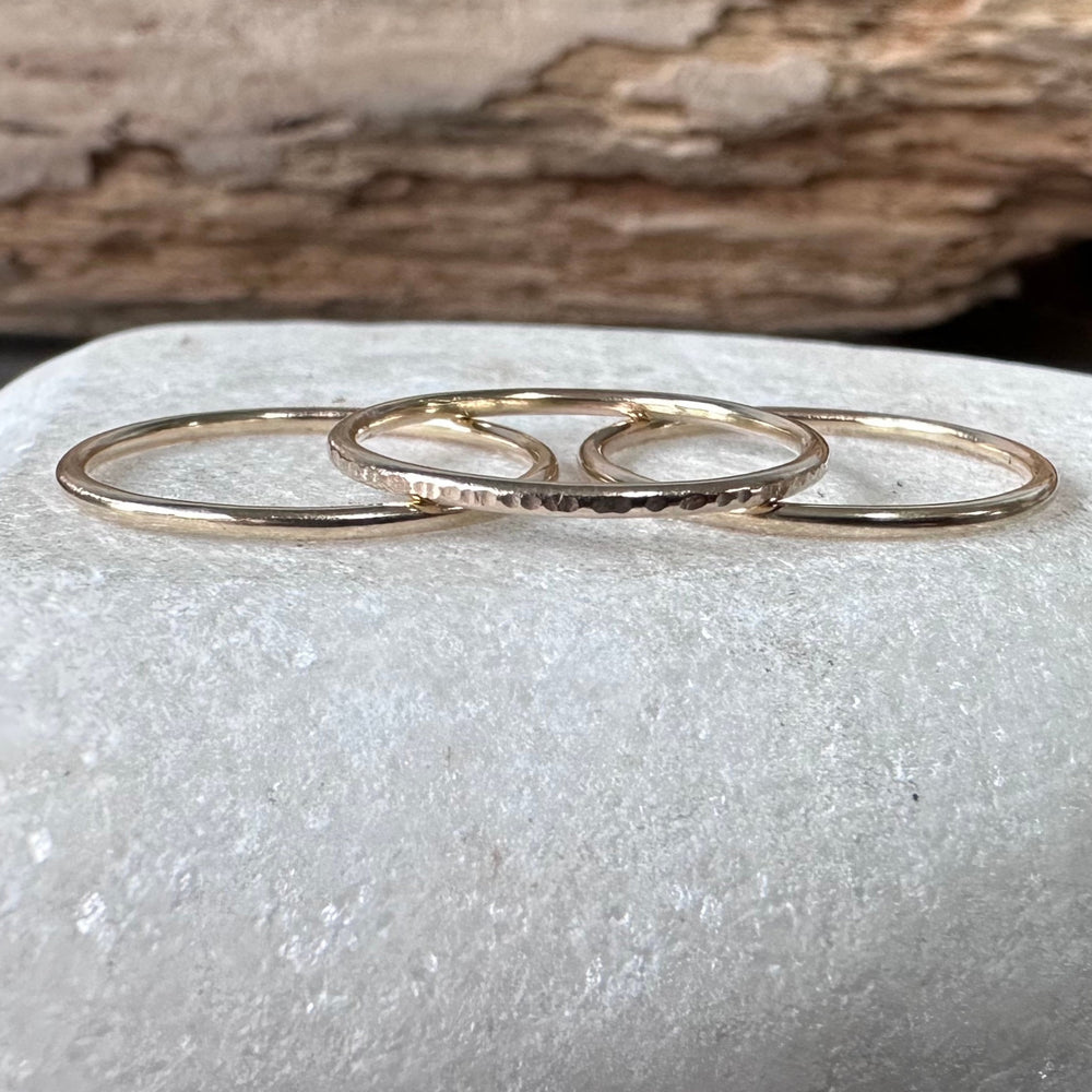 
                  
                    Solid 9ct Gold Stack of Three Stacking Rings, Hallmarked Gold Stacking Ring Set, Two Plain and Shiny and One Ripple Hammered Pattern
                  
                