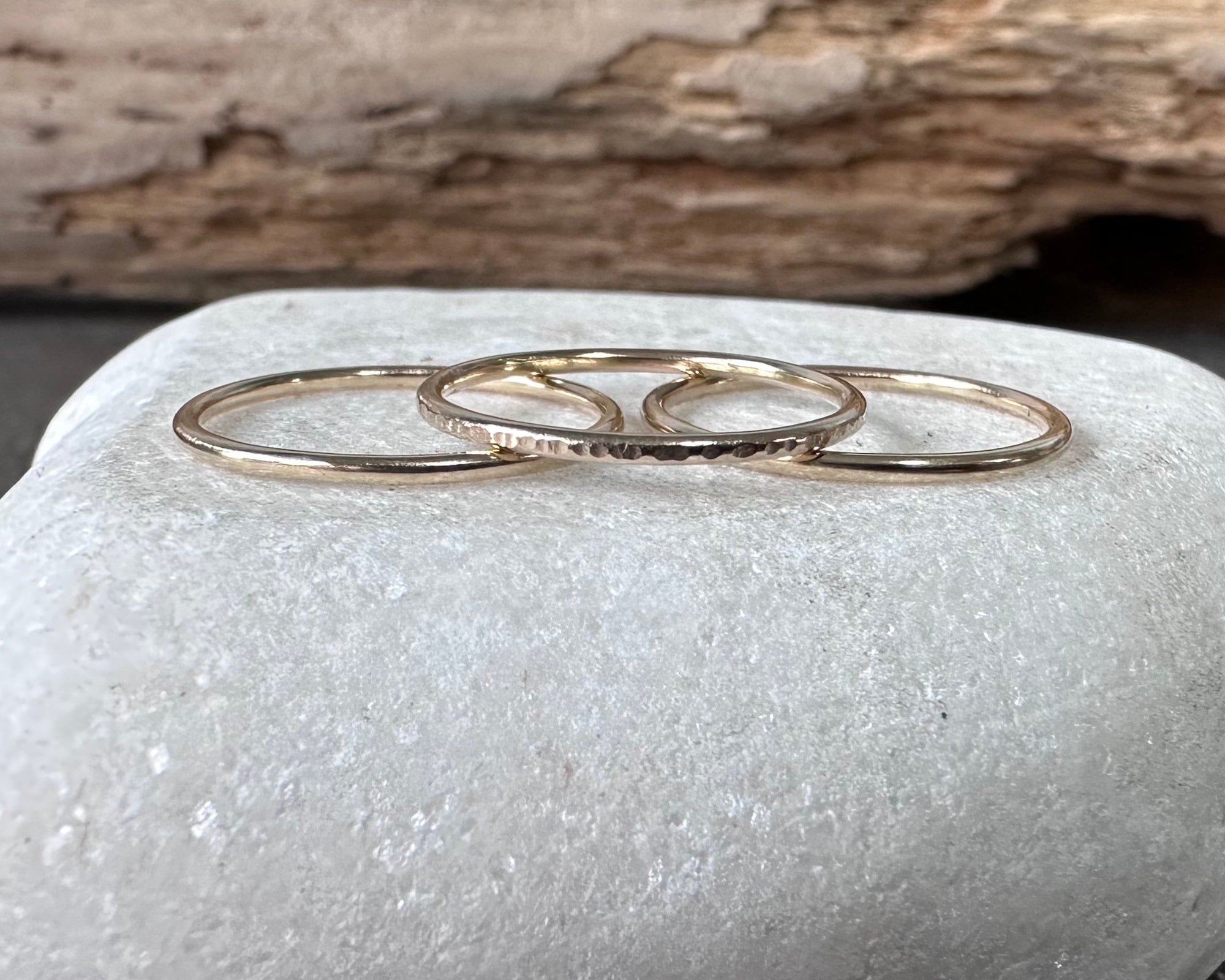 Solid 9ct Gold Stack of Three Stacking Rings, Hallmarked Gold Stacking Ring Set, Two Plain and Shiny and One Ripple Hammered Pattern