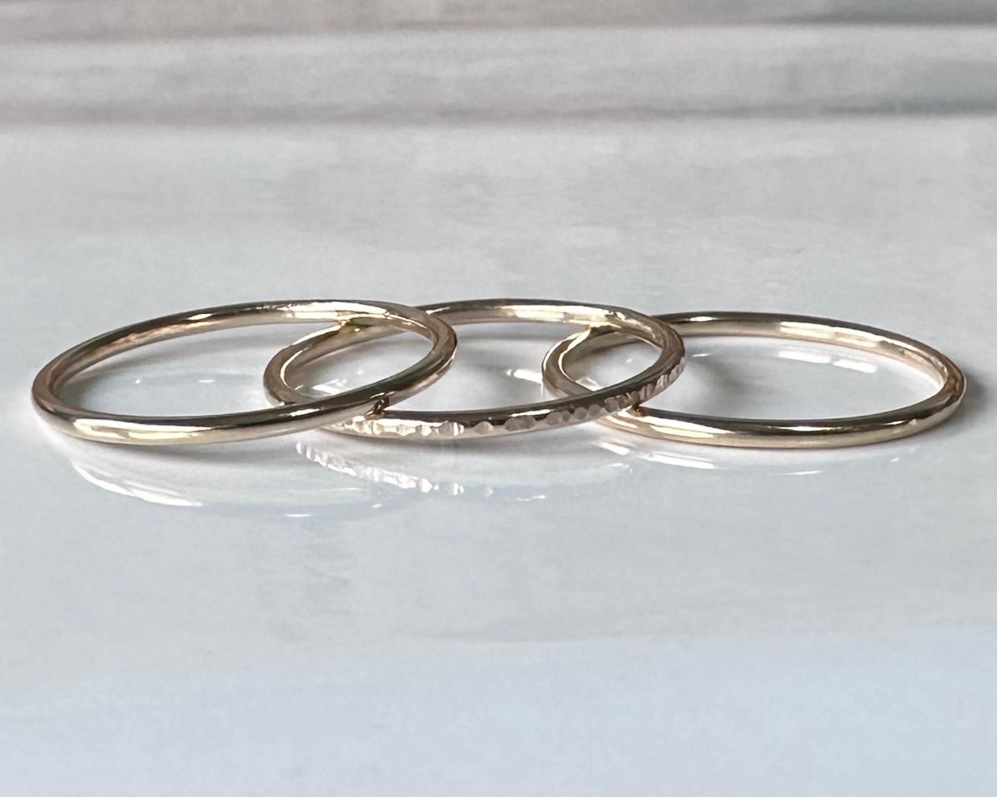 9ct Solid Gold Stack of Skinny 1.2mm Rings, Two Plain and Shiny and One Ripple Hammered Pattern, Handmade 9ct Gold Stacking Rings