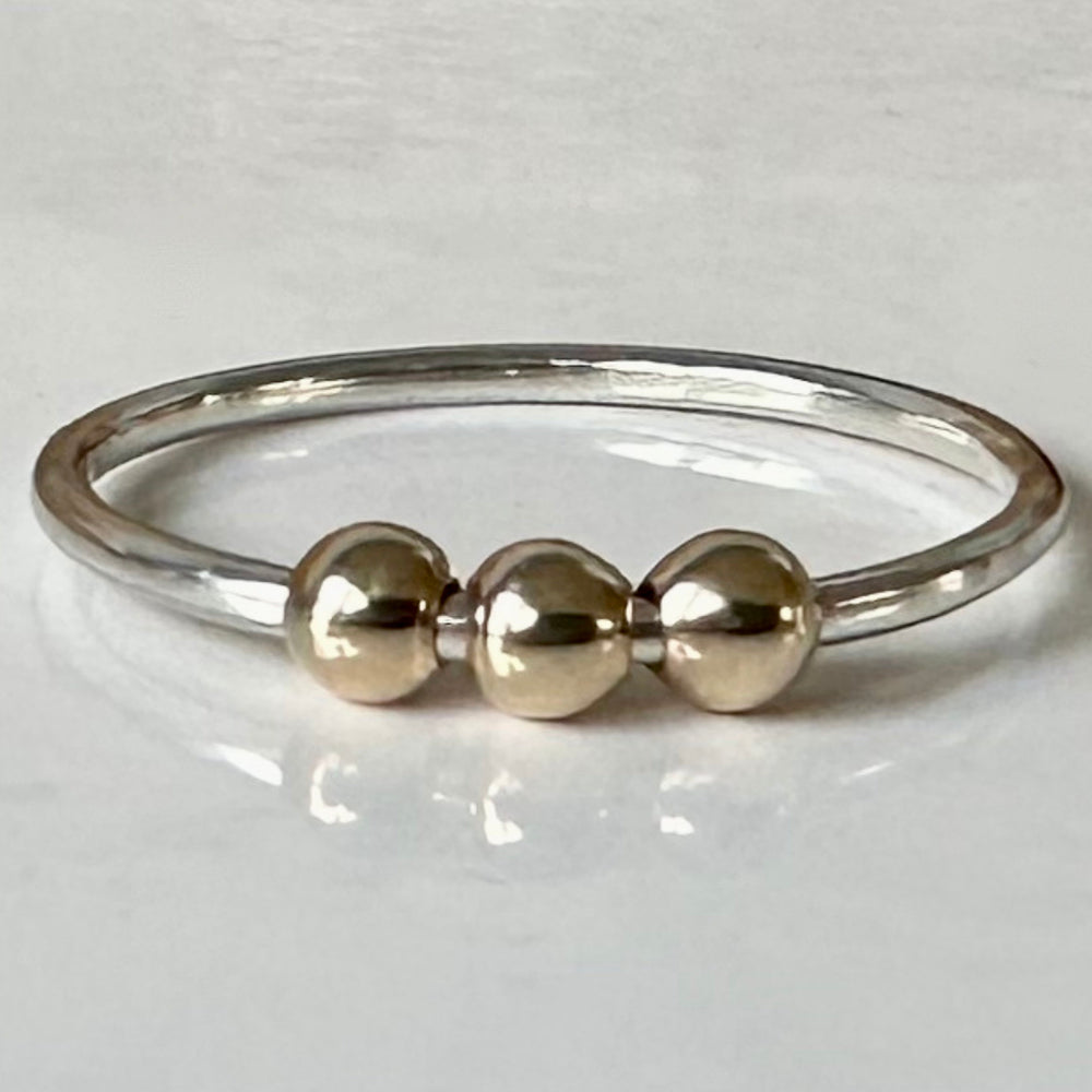 Fidget Ring Handmade from 925 Sterling Silver and 9ct Gold Beads, Gold and Silver Stackable Ring Band, Anxiety Ring, Spinner Ring