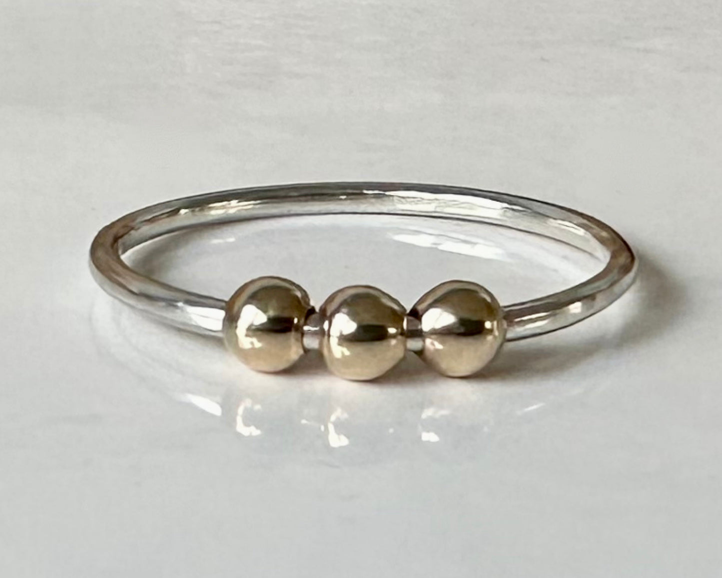 Fidget Ring Handmade from 925 Sterling Silver and 9ct Gold Beads, Gold and Silver Stackable Ring Band, Anxiety Ring, Spinner Ring