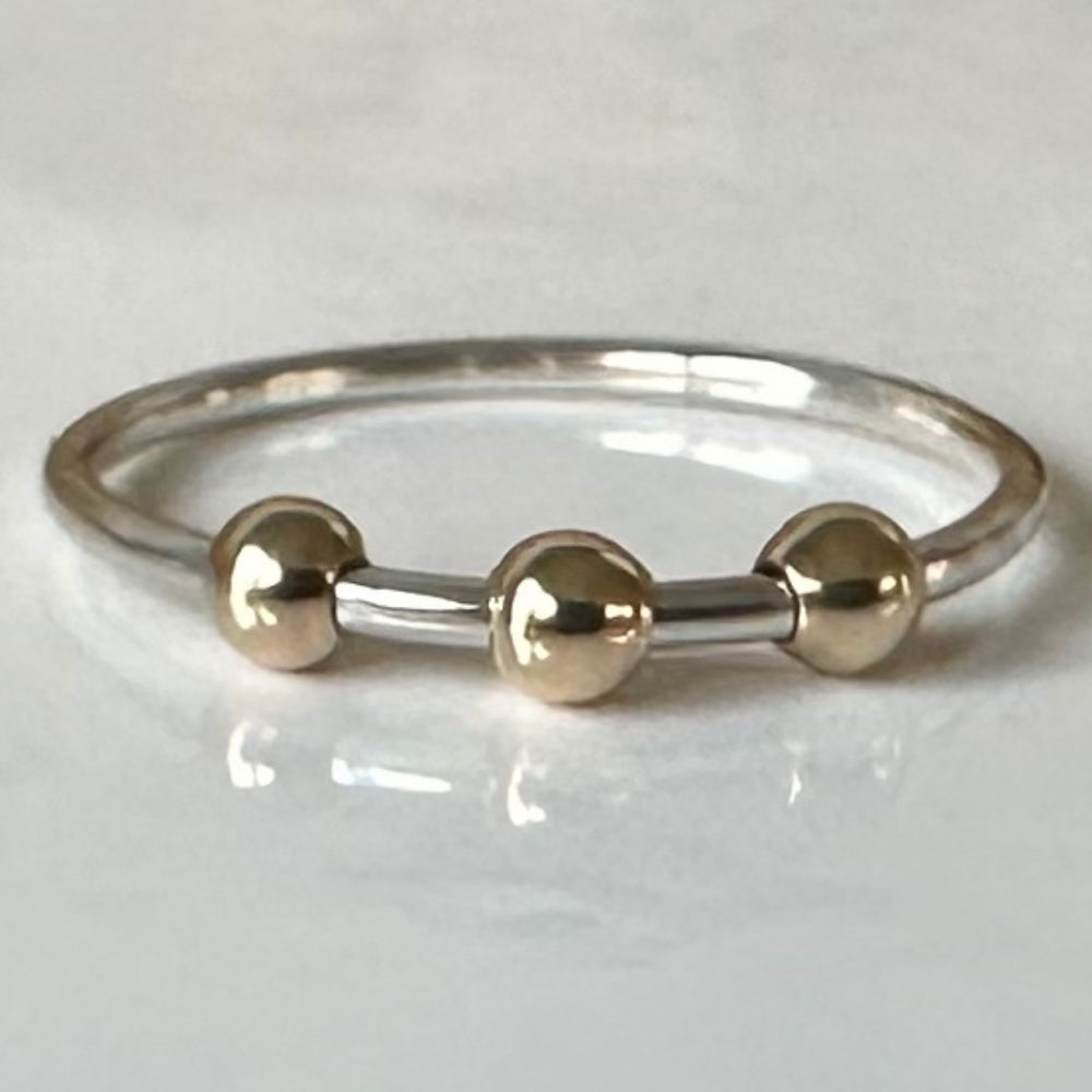 Fidget Ring Handmade from 925 Sterling Silver and 9ct Gold Beads, Gold and Silver Stackable Ring Band, Anxiety Ring, Spinner Ring