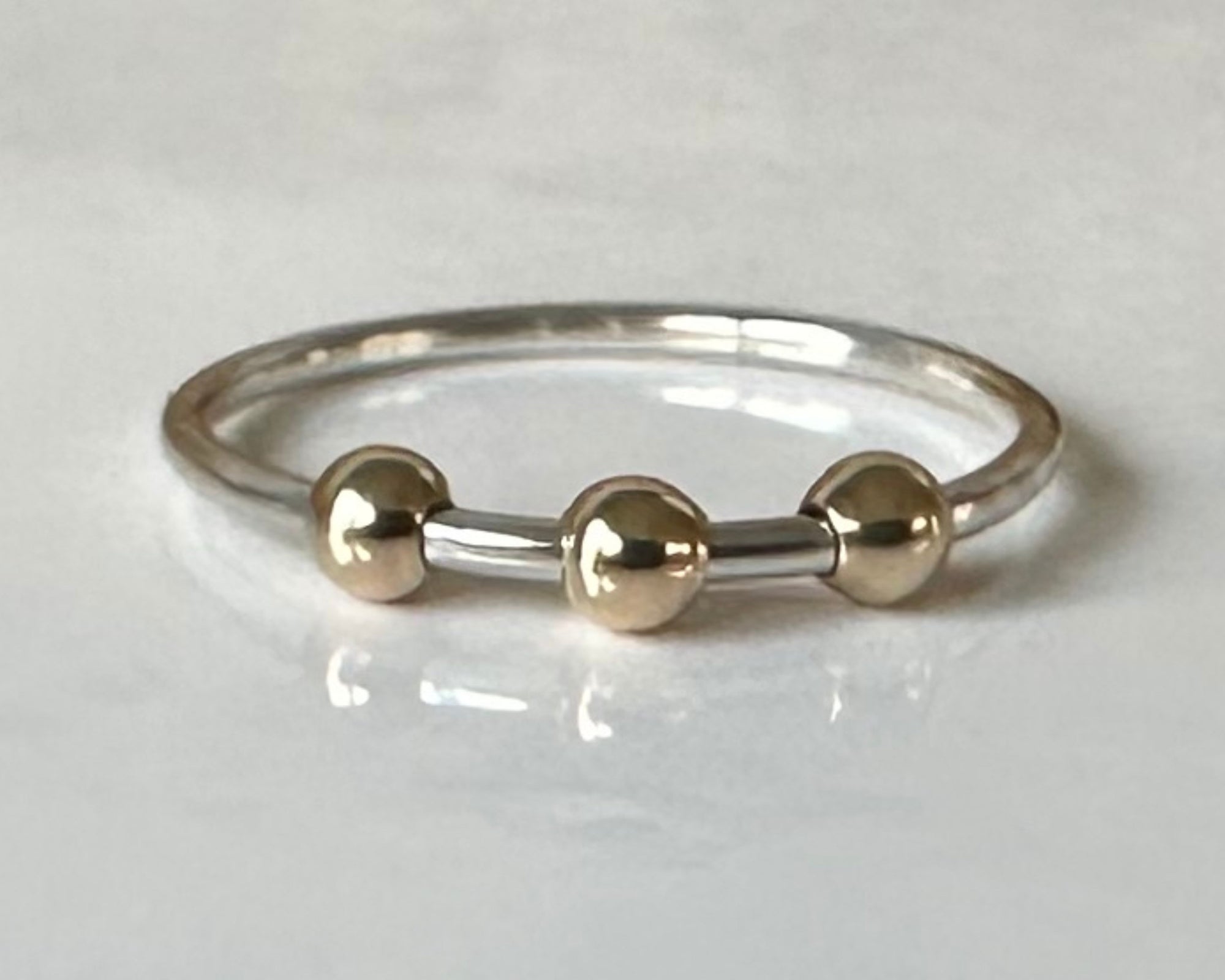 Fidget Ring Handmade from 925 Sterling Silver and 9ct Gold Beads, Gold and Silver Stackable Ring Band, Anxiety Ring, Spinner Ring