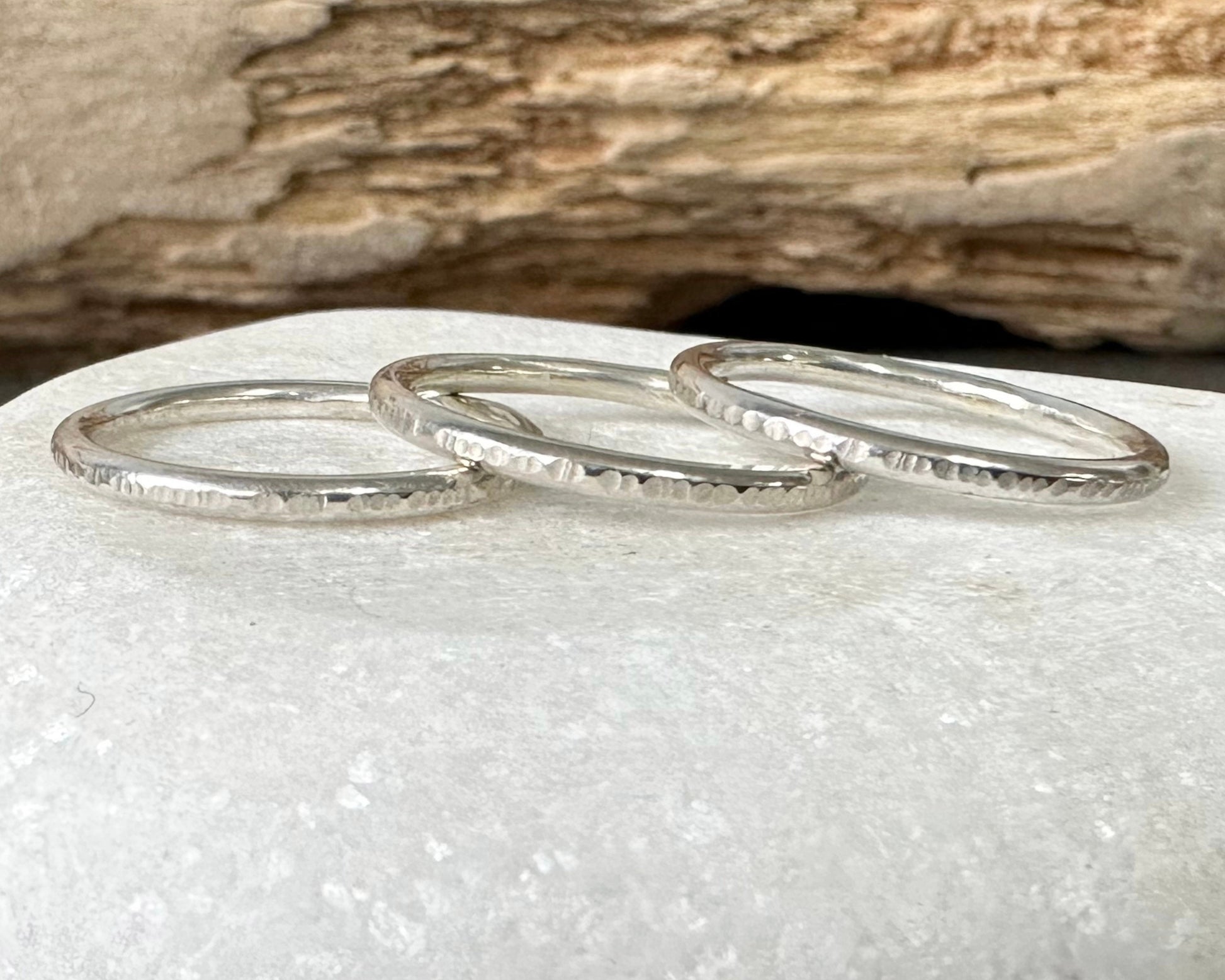 Set of three Shiny 1.8mm 925 Sterling Silver Stacking Rings, Ripple Hammered Effect Minimalist Ring Band, Handmade Stacking Ring