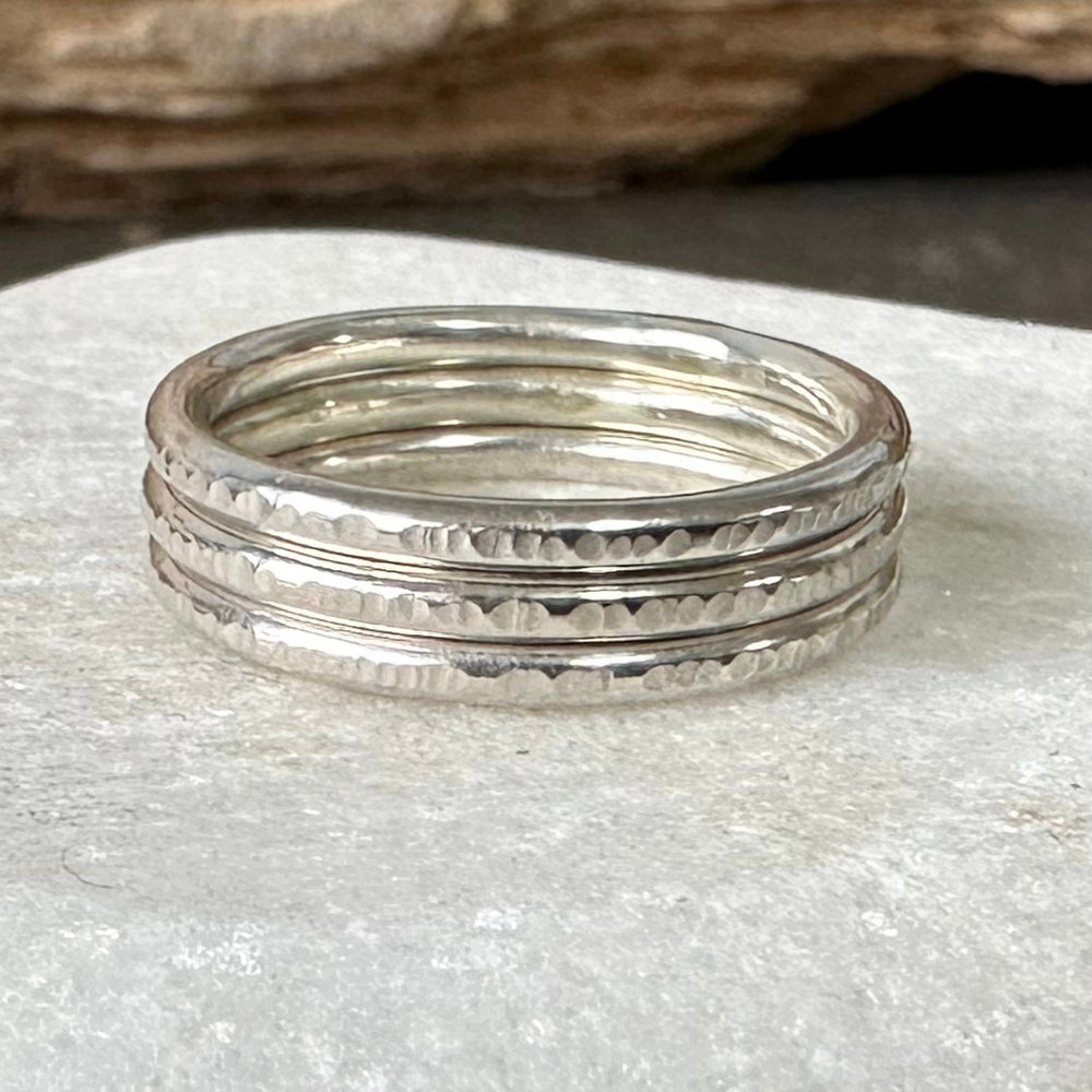 
                  
                    Set of three Shiny 1.8mm 925 Sterling Silver Stacking Rings, Ripple Hammered Effect Minimalist Ring Band, Handmade Stacking Ring
                  
                