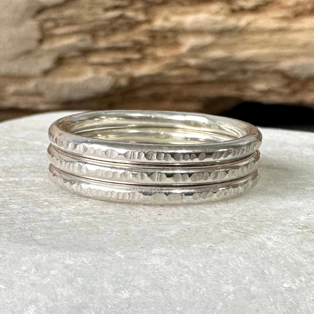 
                  
                    Set of three Shiny 1.8mm 925 Sterling Silver Stacking Rings, Ripple Hammered Effect Minimalist Ring Band, Handmade Stacking Ring
                  
                