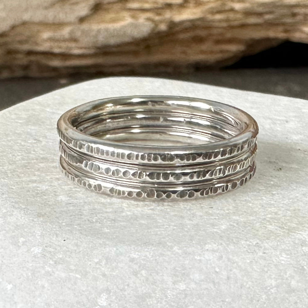 Set of three Oxodised 1.8mm 925 Sterling Silver Stacking Rings, Ripple Hammered Effect Minimalist Ring Band, Handmade Rustic Stacking Ring