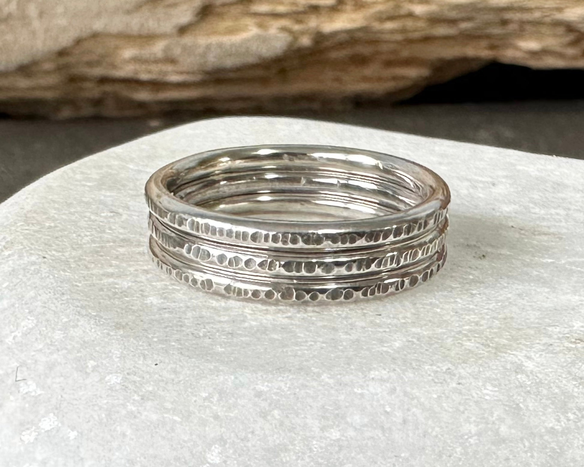 Set of three Oxodised 1.8mm 925 Sterling Silver Stacking Rings, Ripple Hammered Effect Minimalist Ring Band, Handmade Rustic Stacking Ring