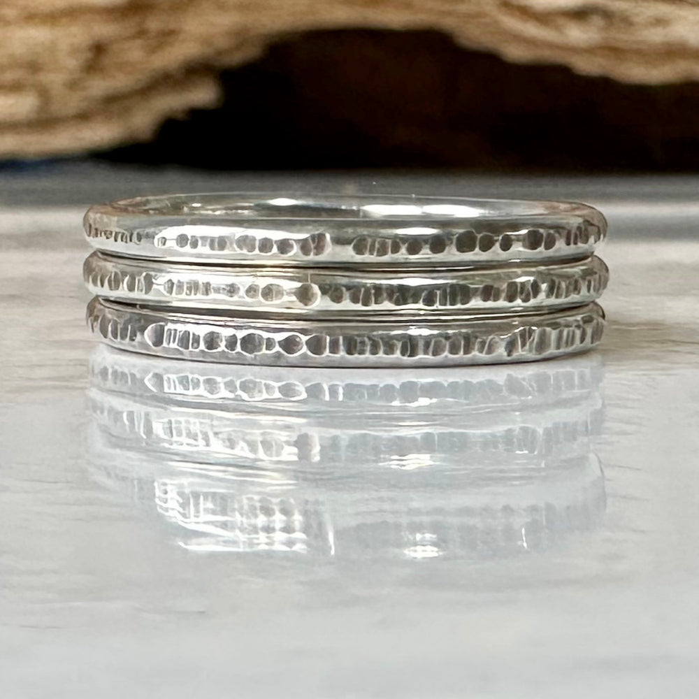 
                  
                    Set of three Oxodised 1.8mm 925 Sterling Silver Stacking Rings, Ripple Hammered Effect Minimalist Ring Band, Handmade Rustic Stacking Ring
                  
                