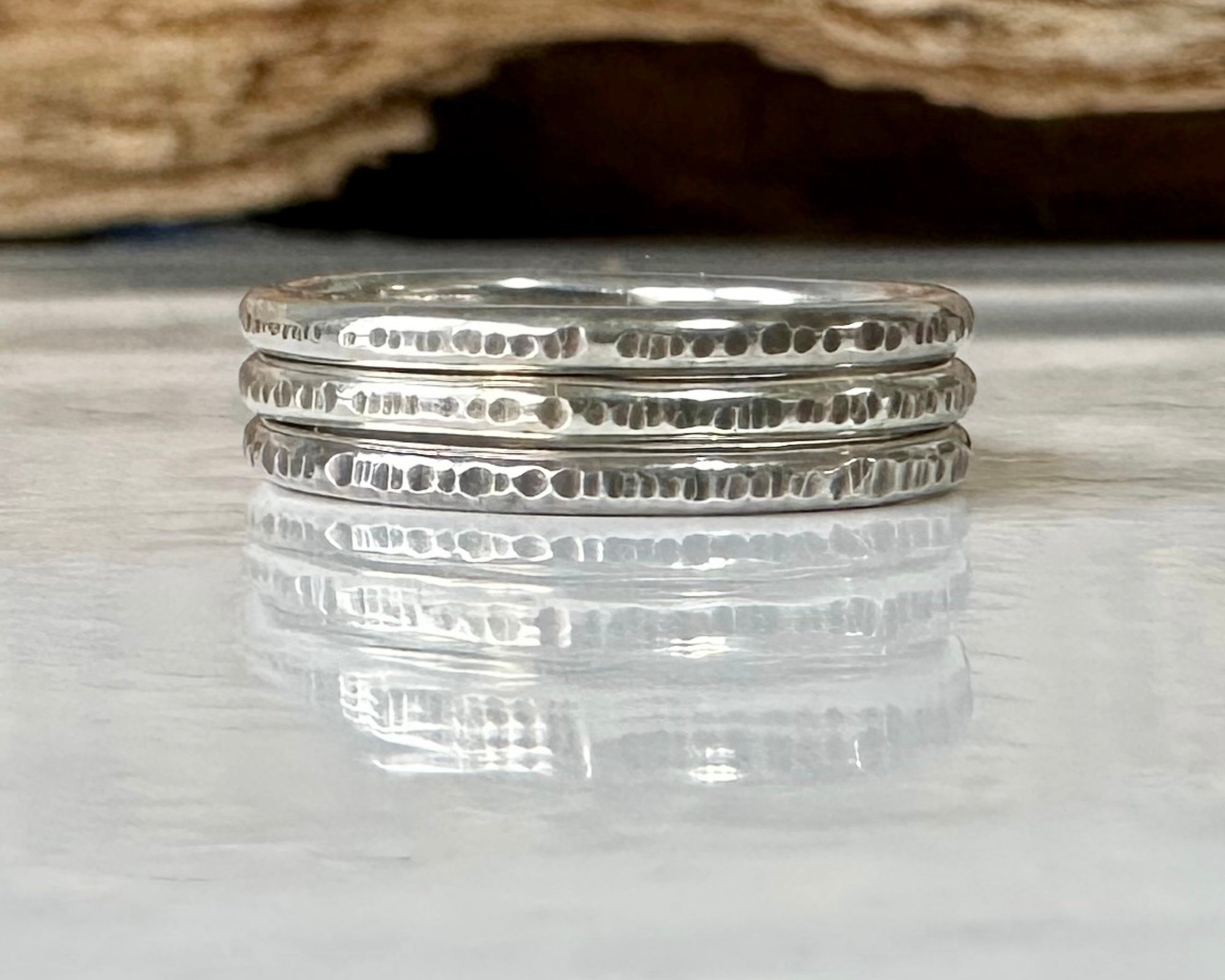 Set of three Oxodised 1.8mm 925 Sterling Silver Stacking Rings, Ripple Hammered Effect Minimalist Ring Band, Handmade Rustic Stacking Ring