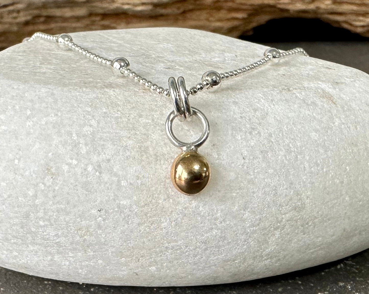 9ct Gold Nugget Pendant, Freeform Gold and Sterling Silver Necklace, Handmade Gold Ball Pendant, Solid Gold Blob, Bridesmaid Gift