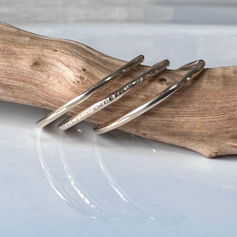 
                  
                    Solid 9ct Gold Stack of Three Stacking Rings, Hallmarked Gold Stacking Ring Set, Two Plain and Shiny and One Ripple Hammered Pattern
                  
                
