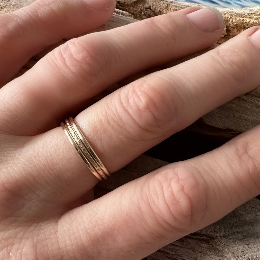 
                  
                    Solid 9ct Gold Stack of Three Stacking Rings, Hallmarked Gold Stacking Ring Set, Two Plain and Shiny and One Ripple Hammered Pattern
                  
                