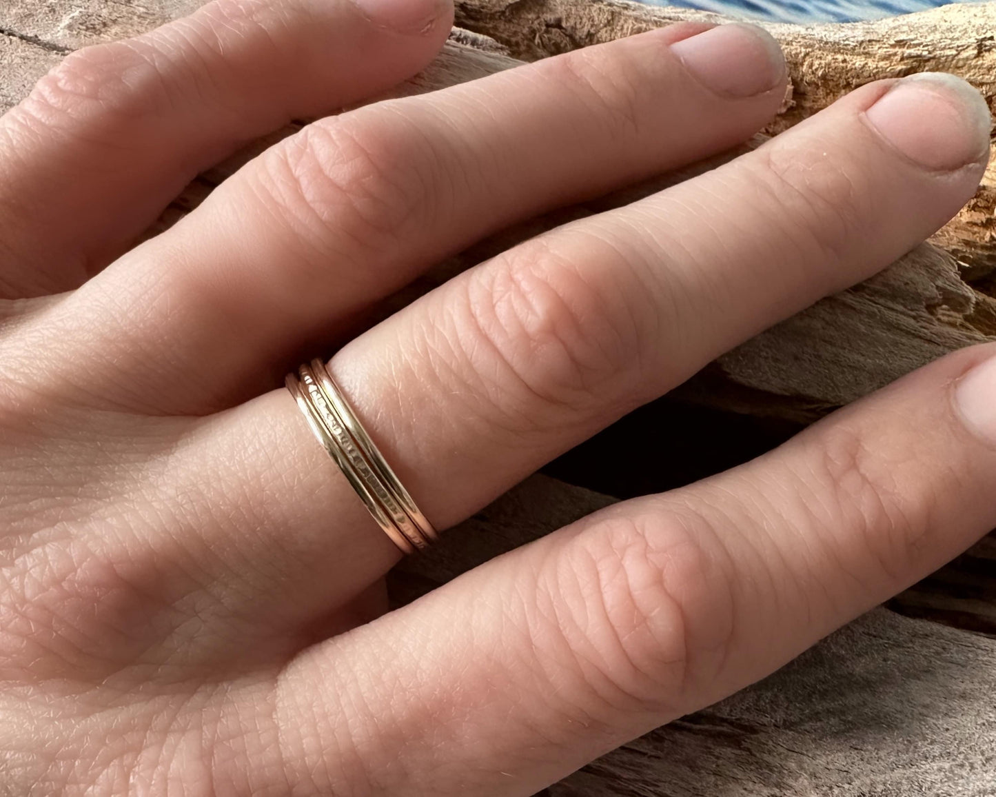 Solid 9ct Gold Stack of Three Stacking Rings, Hallmarked Gold Stacking Ring Set, Two Plain and Shiny and One Ripple Hammered Pattern