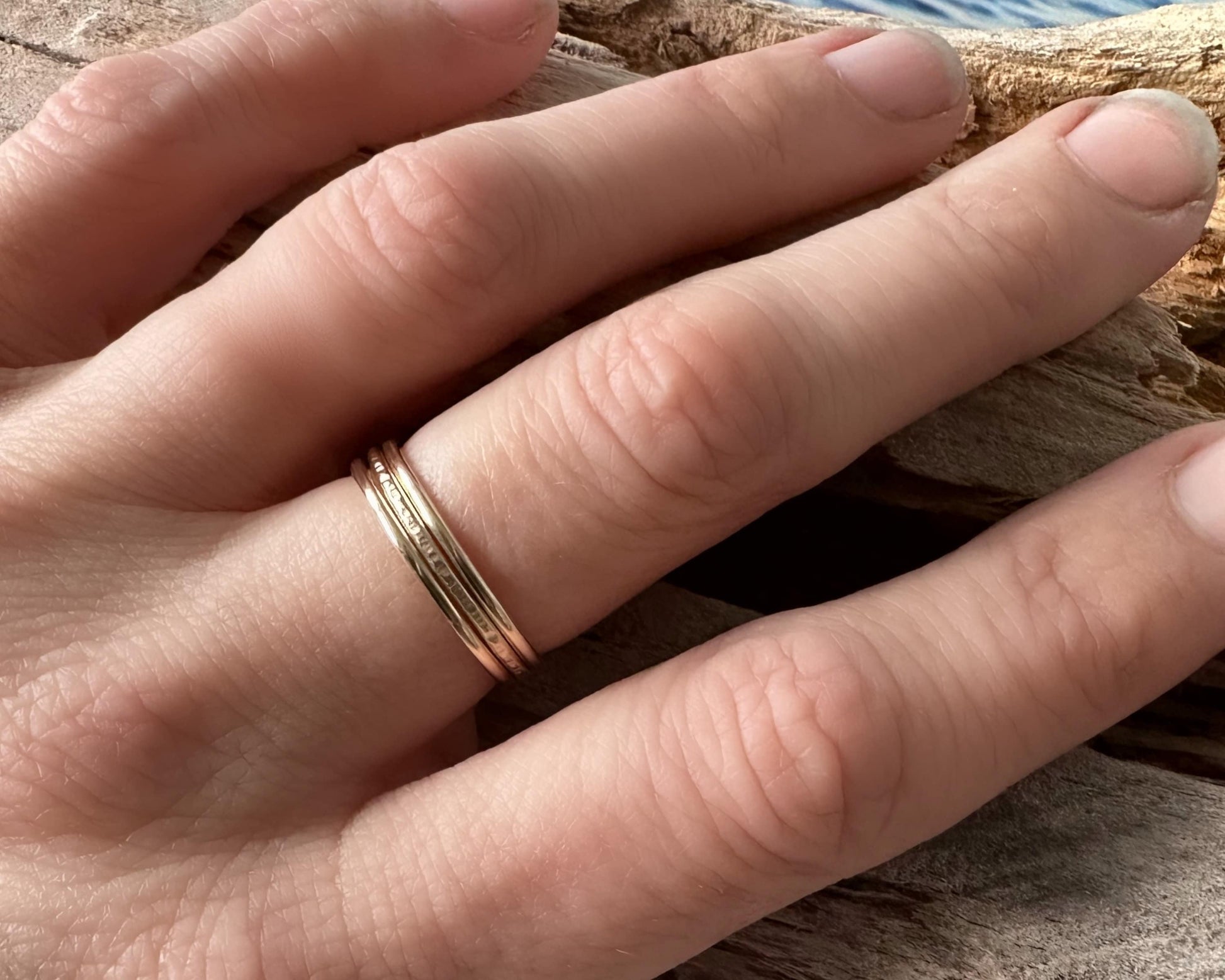 9ct Solid Gold Stack of Skinny 1.2mm Rings, Two Plain and Shiny and One Ripple Hammered Pattern, Handmade 9ct Gold Stacking Rings