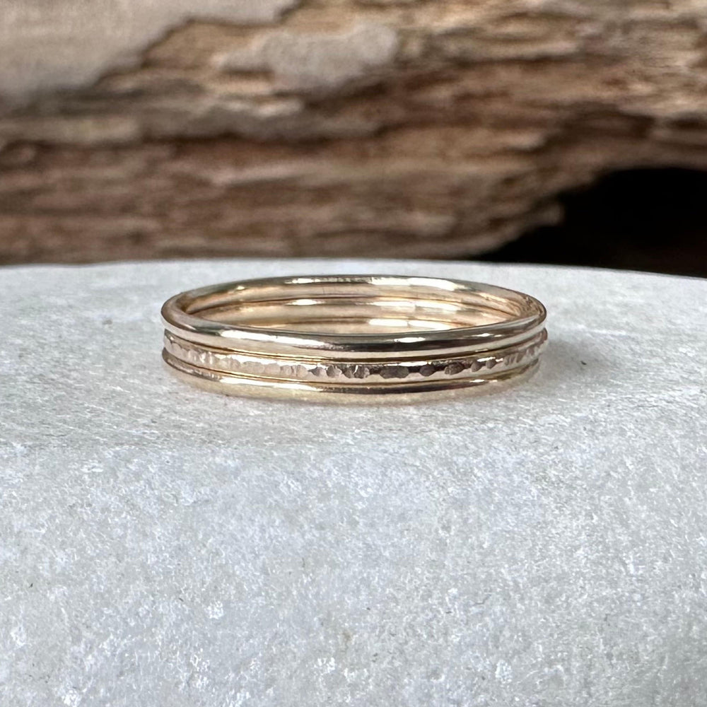 Solid 9ct Gold Stack of Three Stacking Rings, Hallmarked Gold Stacking Ring Set, Two Plain and Shiny and One Ripple Hammered Pattern