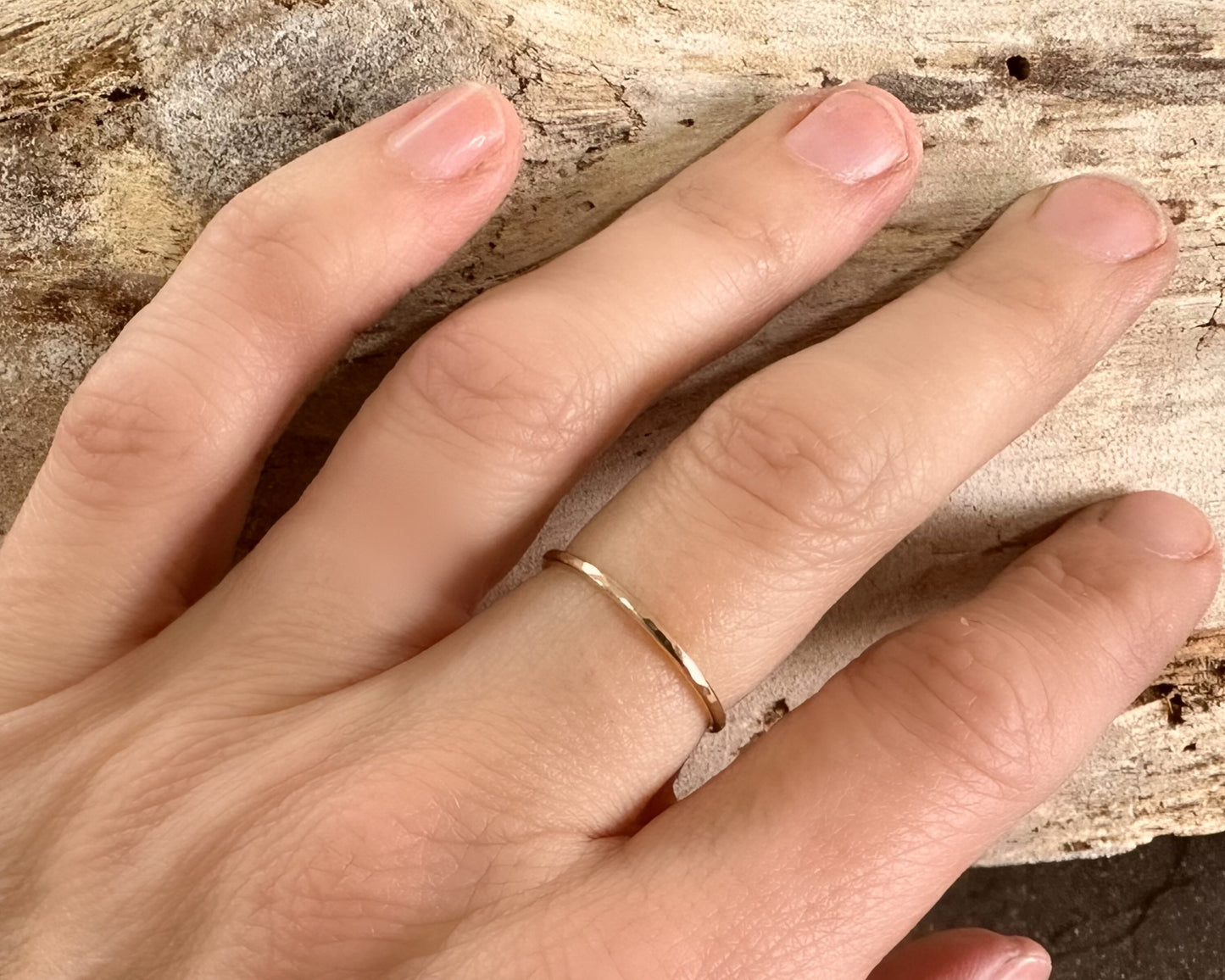 Skinny 1.2mm 9ct Gold Ring, Facet Hammered Effect Minimalist Ring Band, Hadmade Gold Stackable Ring, Wedding Ring