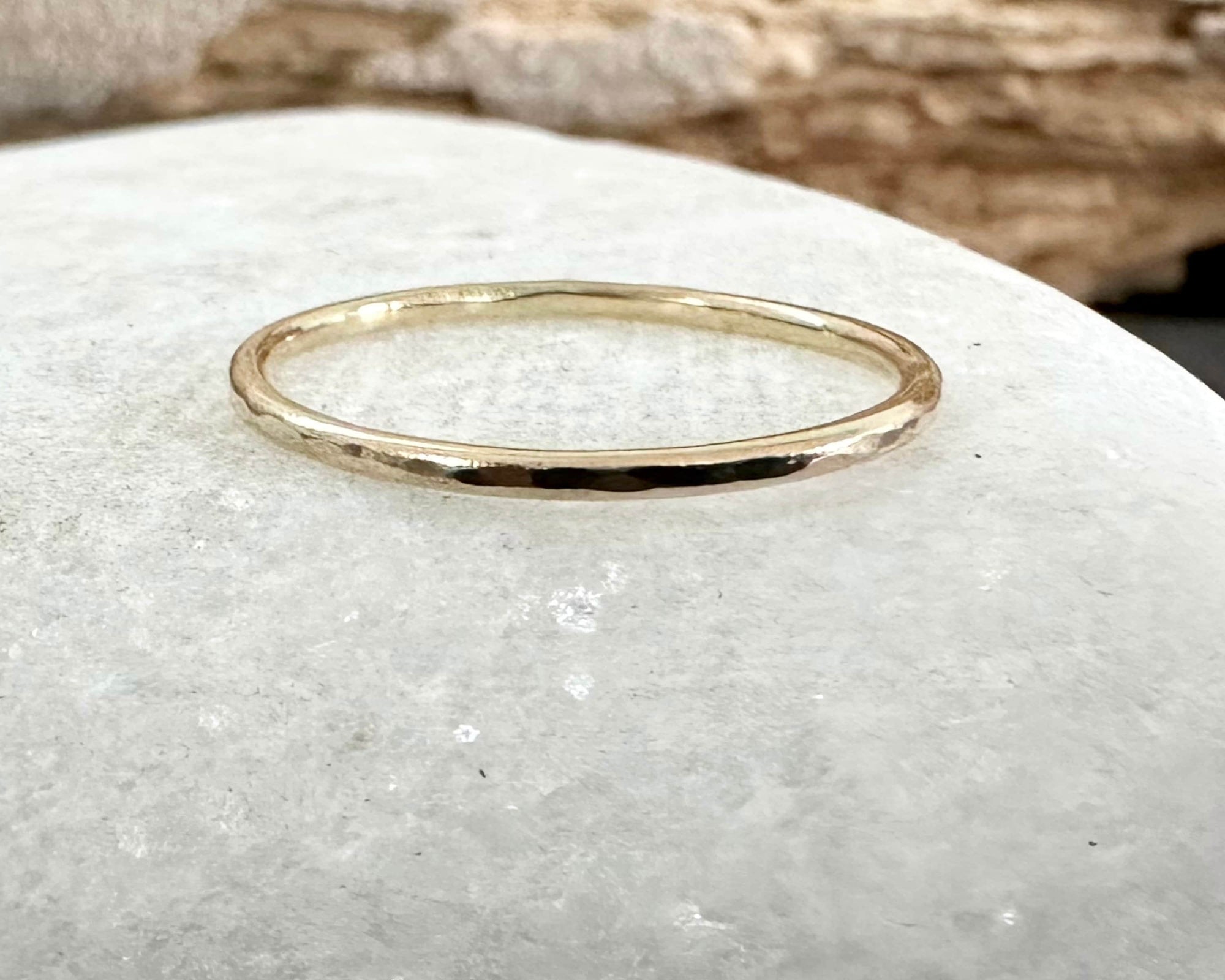 Skinny 1.2mm 9ct Gold Ring, Facet Hammered Effect Minimalist Ring Band, Hadmade Gold Stackable Ring, Wedding Ring