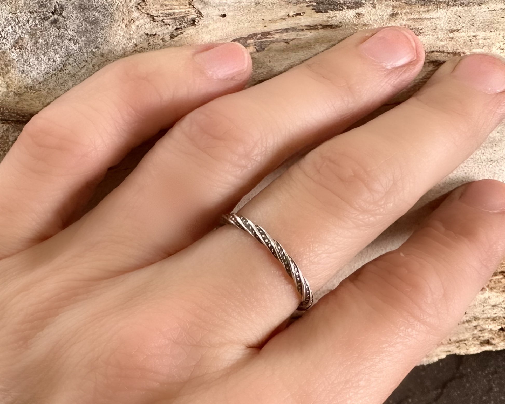 925 Sterling Silver Dot & Twist Pattern Ring Band, 2mm Minimalist Ring Band, Rustic, Antique Silver, Patterned Stacking Ring