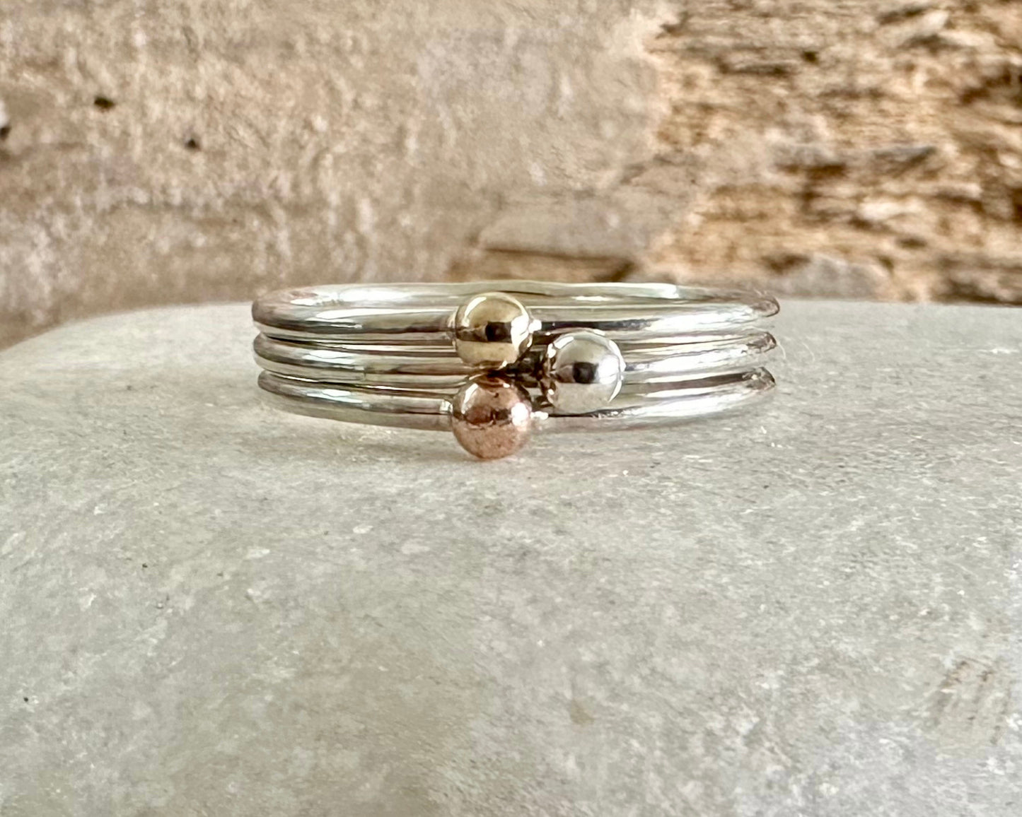 Set of Three Stacking Rings, Solid 9ct Yellow Gold Dot, Solid 9ct Rose Gold Dot, 925 Sterling Silver Dot on 1.3mm 925 Sterling Silver Ring