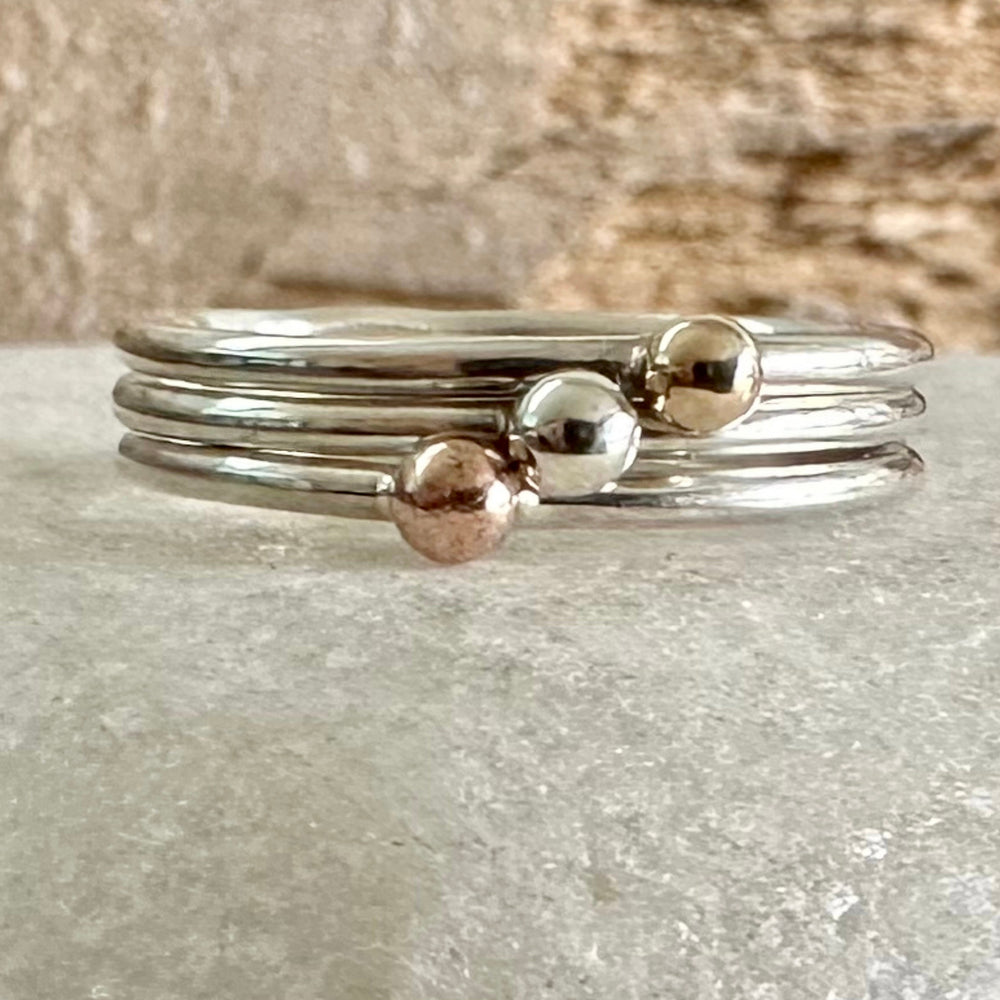 Set of Three Stacking Rings, Solid 9ct Yellow Gold Dot, Solid 9ct Rose Gold Dot, 925 Sterling Silver Dot on 1.3mm 925 Sterling Silver Ring