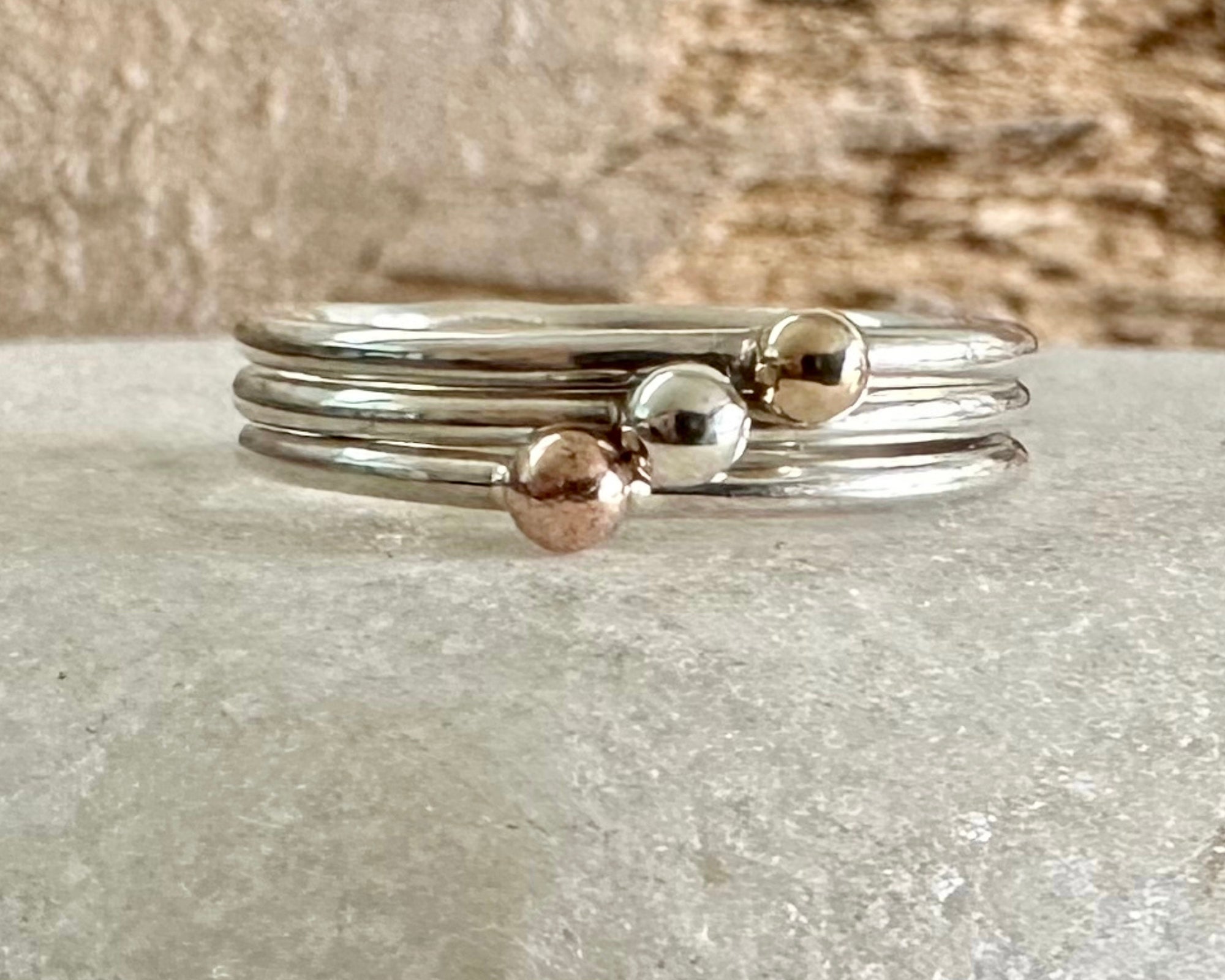 Set of Three Stacking Rings, Solid 9ct Yellow Gold Dot, Solid 9ct Rose Gold Dot, 925 Sterling Silver Dot on 1.3mm 925 Sterling Silver Ring