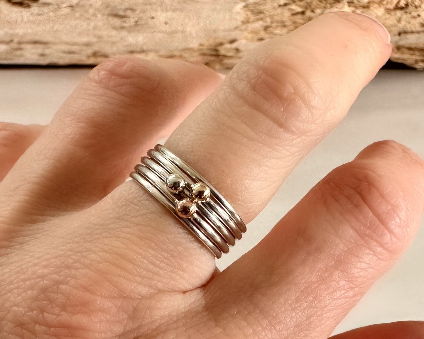 Set of Three Stacking Rings, Solid 9ct Yellow Gold Dot, Solid 9ct Rose Gold Dot, 925 Sterling Silver Dot on 1.3mm 925 Sterling Silver Ring