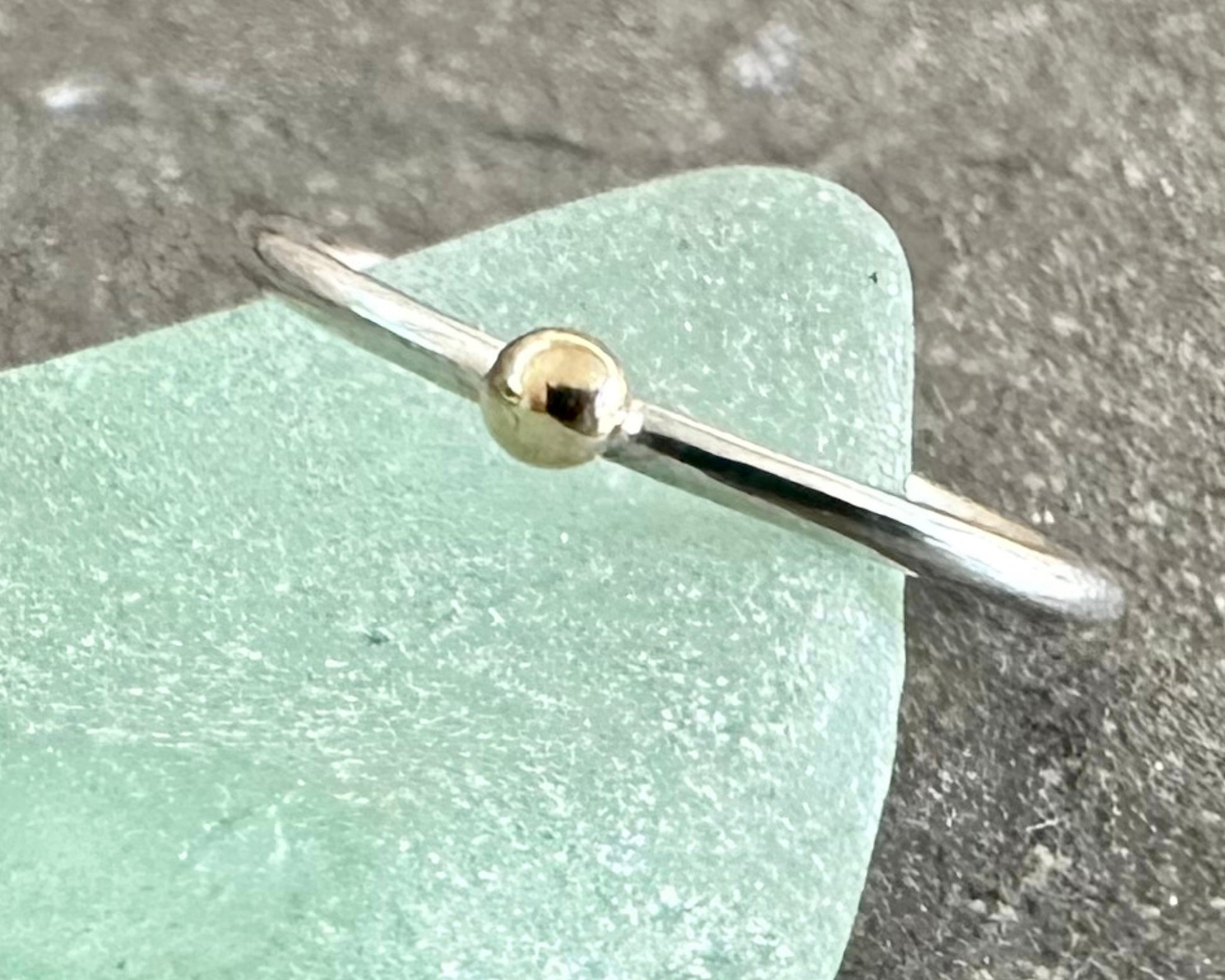 Solid Yellow Gold Dot on 1.3mm 925 Sterling Silver Ring Band, Pebble Ring, Mixed Metal Recycled Stacking Ring.