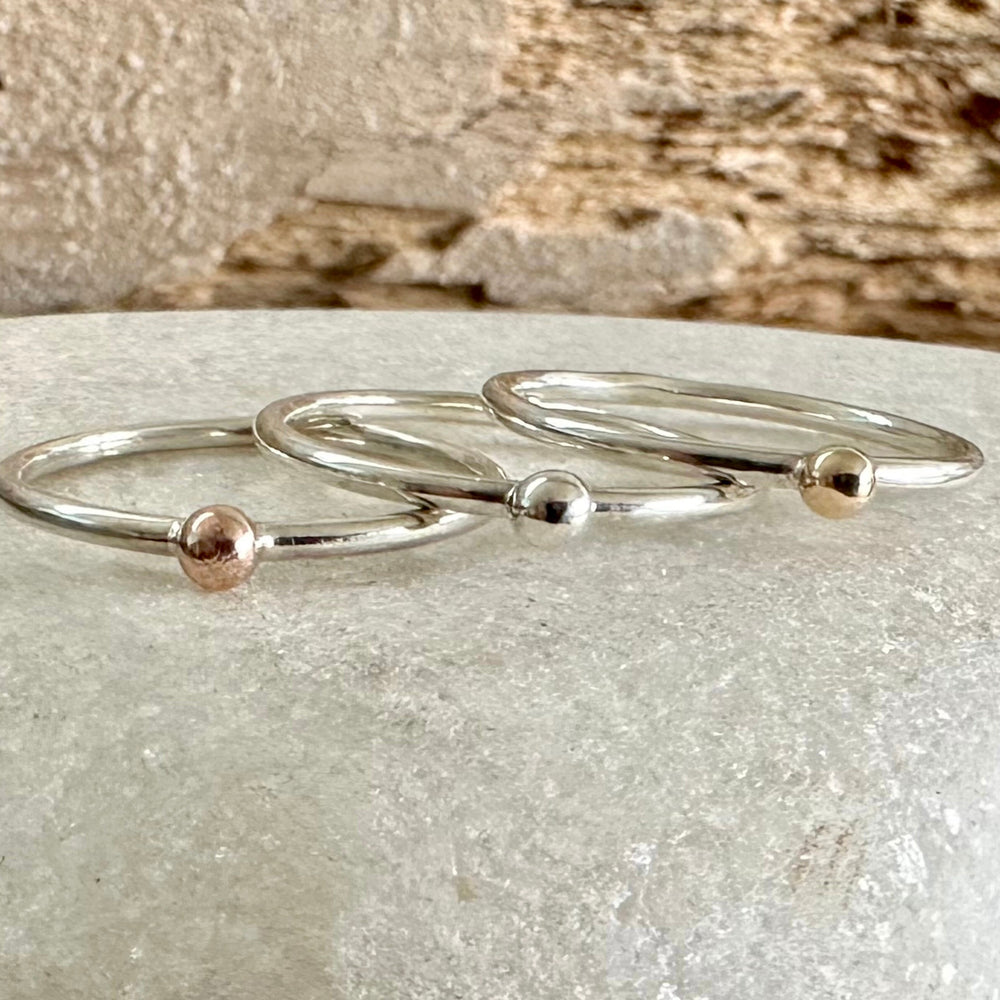 Solid Yellow Gold, Rose Gold or Silver Dot on 1.3mm 925 Sterling Silver Ring Band, Pebble Ring, Mixed Metal Recycled Stacking Ring.