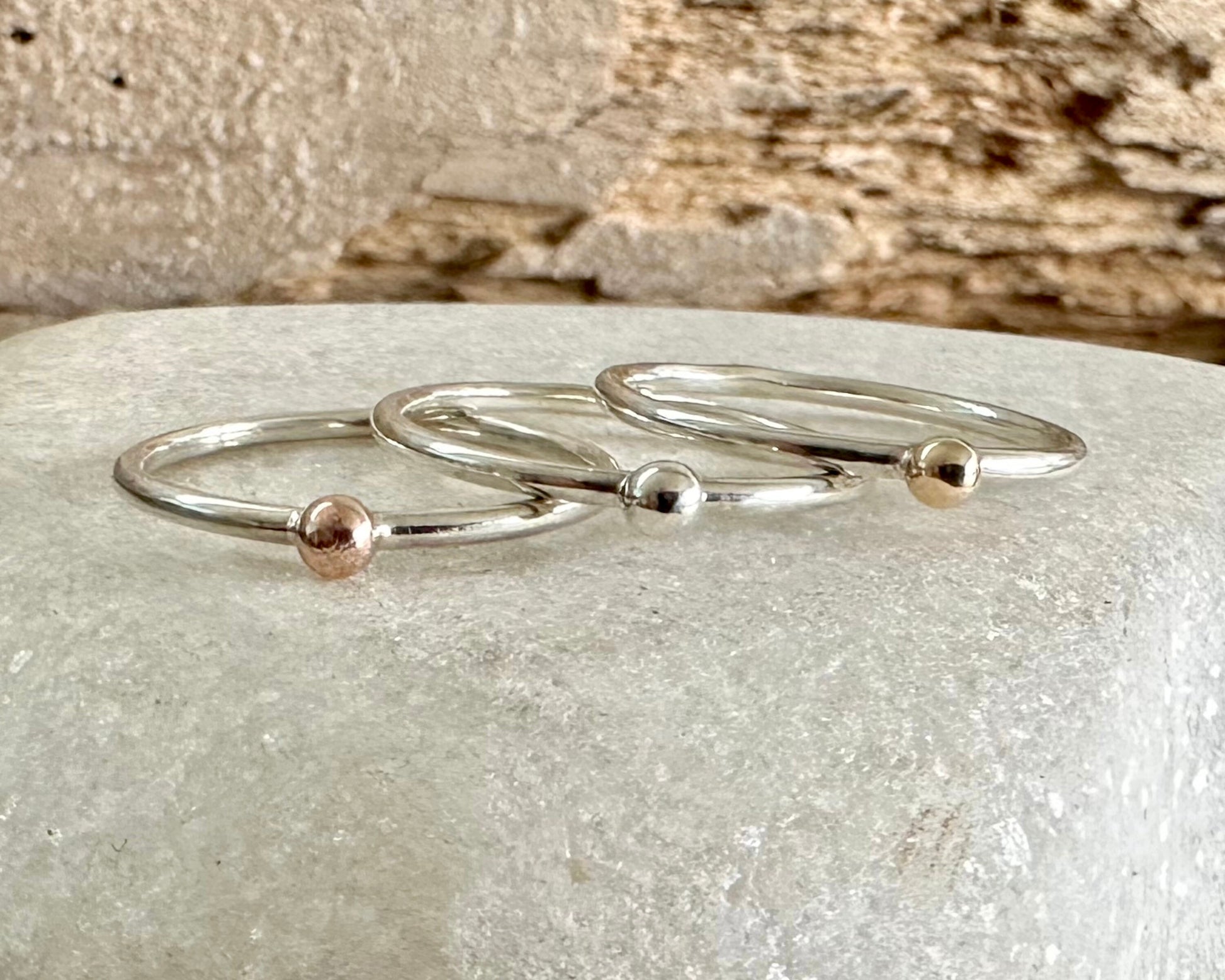 Solid Yellow Gold, Rose Gold or Silver Dot on 1.3mm 925 Sterling Silver Ring Band, Pebble Ring, Mixed Metal Recycled Stacking Ring.