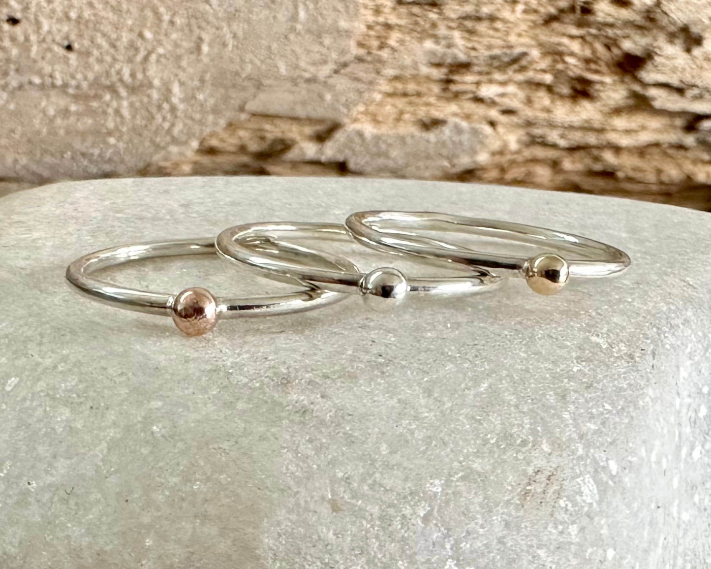 Solid Rose Gold Dot on 1.3mm 925 Sterling Silver Ring Band, Pebble Ring, Mixed Metal Recycled Stacking Ring, Red Gold