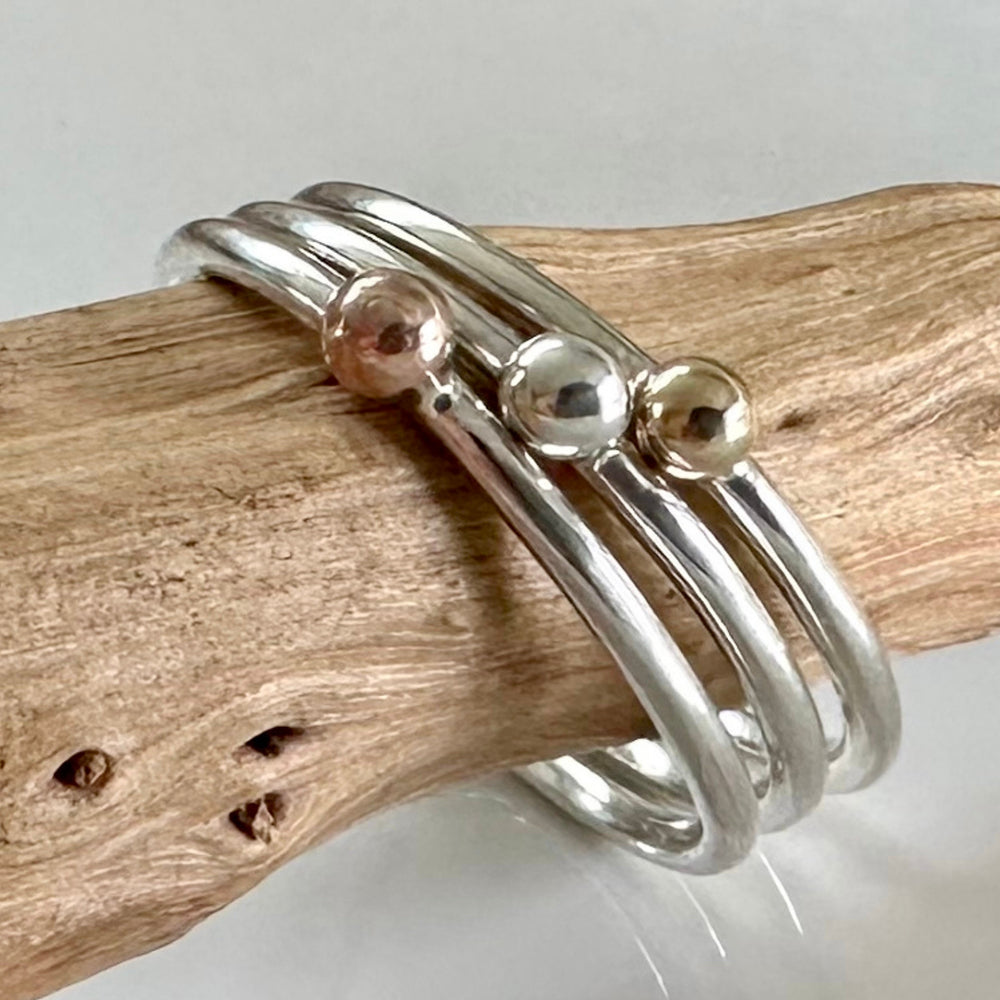 Set of Three Stacking Rings, Solid 9ct Yellow Gold Dot, Solid 9ct Rose Gold Dot, 925 Sterling Silver Dot on 1.3mm 925 Sterling Silver Ring
