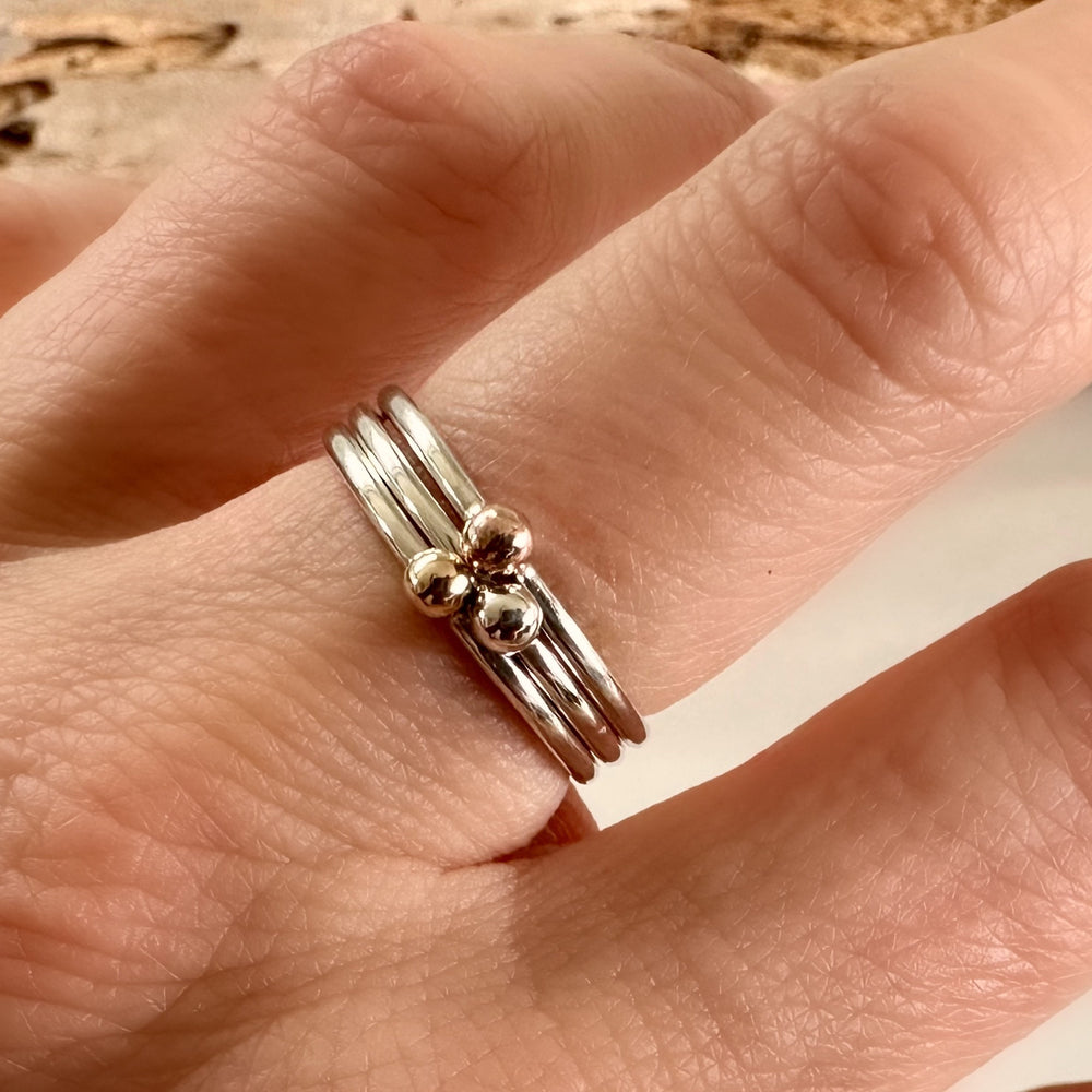 
                  
                    Set of Three Stacking Rings, Solid 9ct Yellow Gold Dot, Solid 9ct Rose Gold Dot, 925 Sterling Silver Dot on 1.3mm 925 Sterling Silver Ring
                  
                