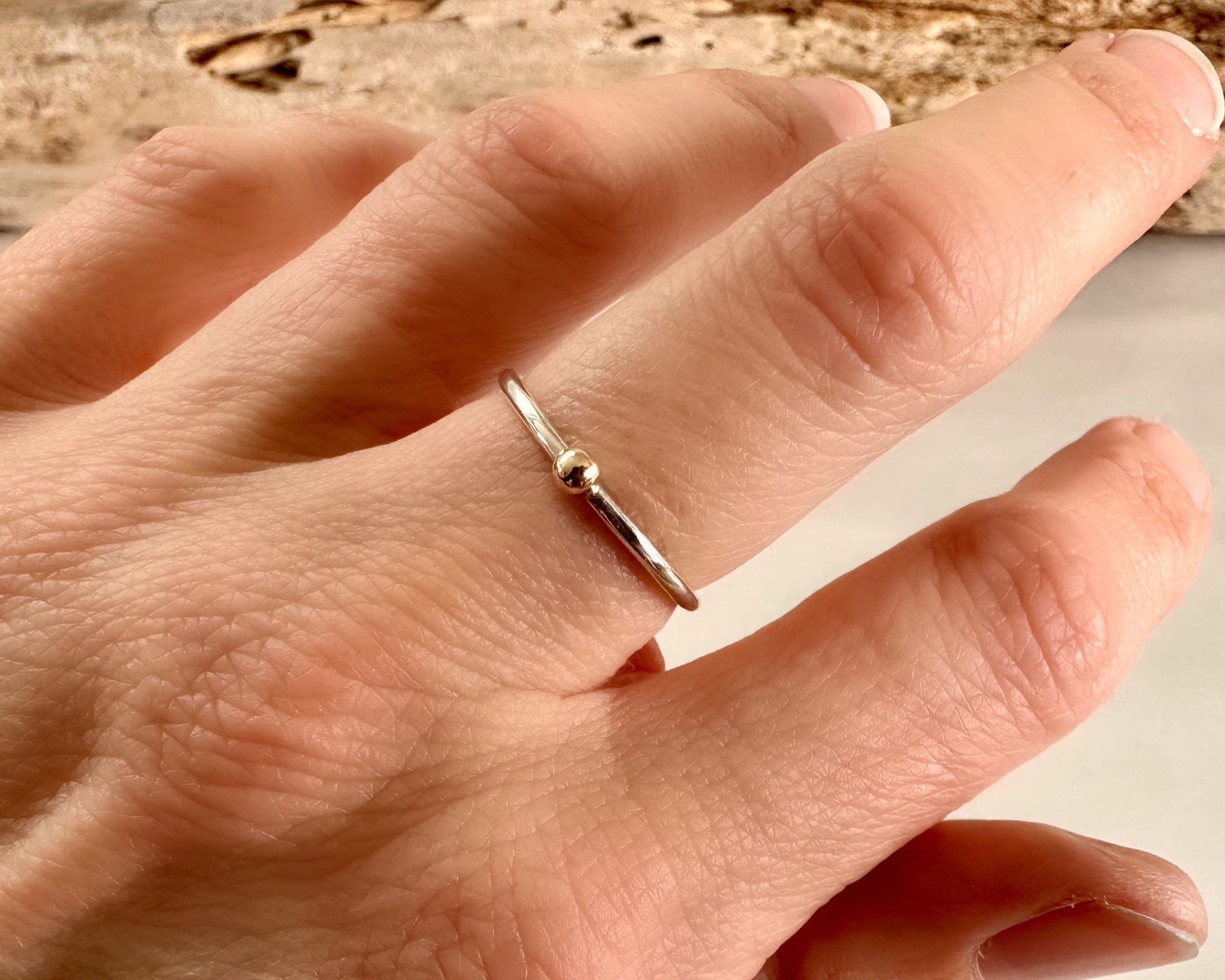 Solid Yellow Gold, Rose Gold or Silver Dot on 1.3mm 925 Sterling Silver Ring Band, Pebble Ring, Mixed Metal Recycled Stacking Ring.