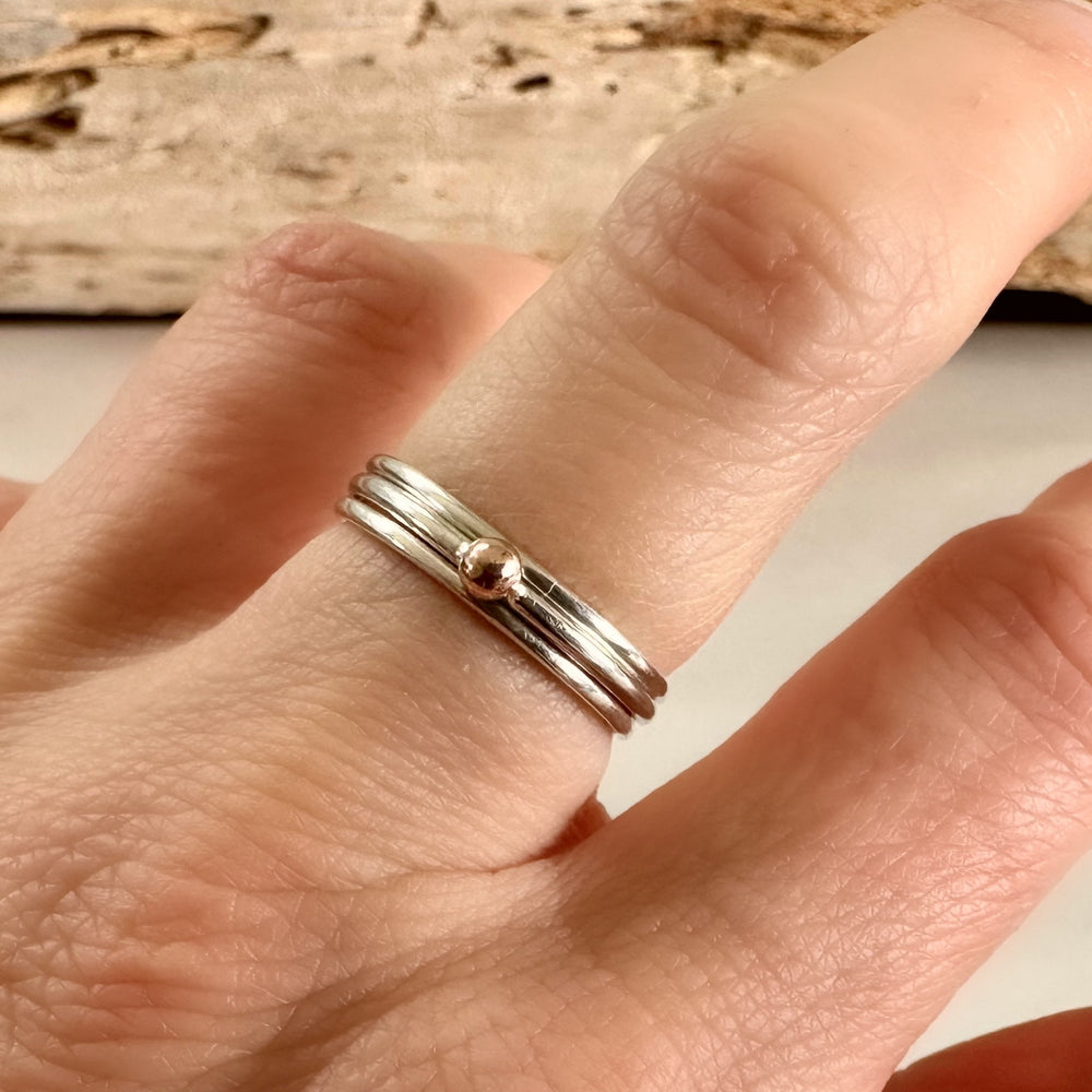 
                  
                    Solid Yellow Gold, Rose Gold or Silver Dot on 1.3mm 925 Sterling Silver Ring Band, Pebble Ring, Mixed Metal Recycled Stacking Ring.
                  
                
